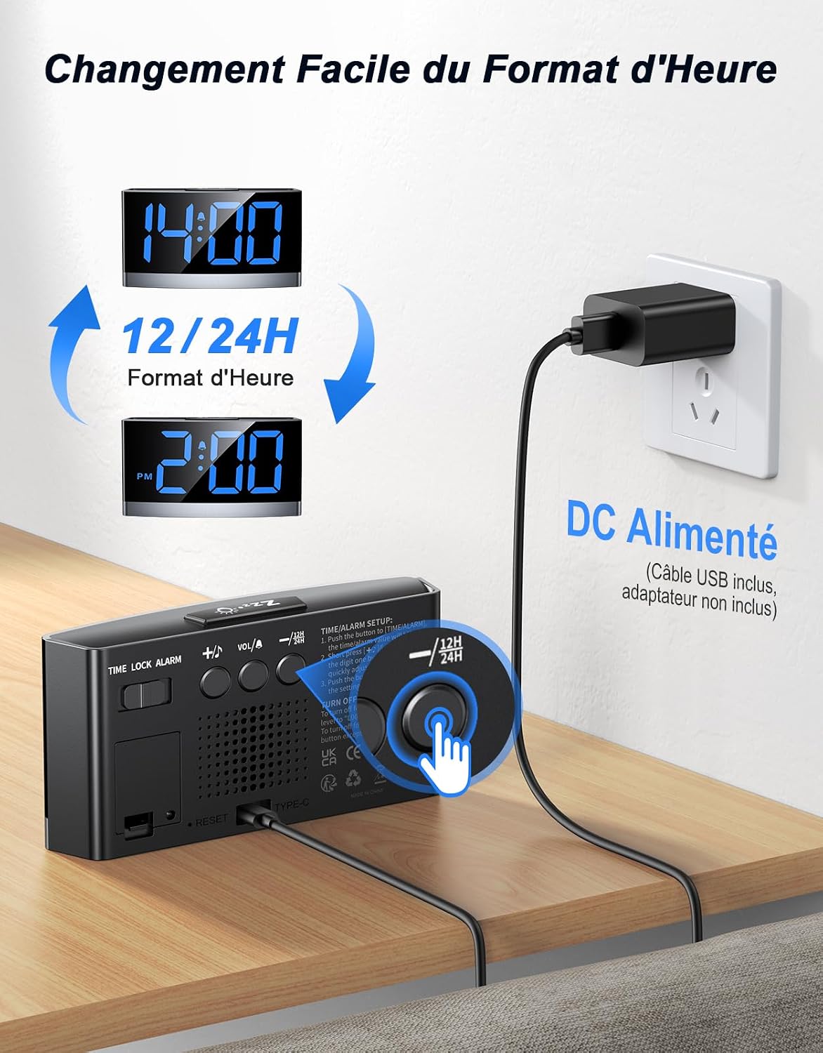 Rolgno Digital Alarm Clock connected to a DC power adapter
