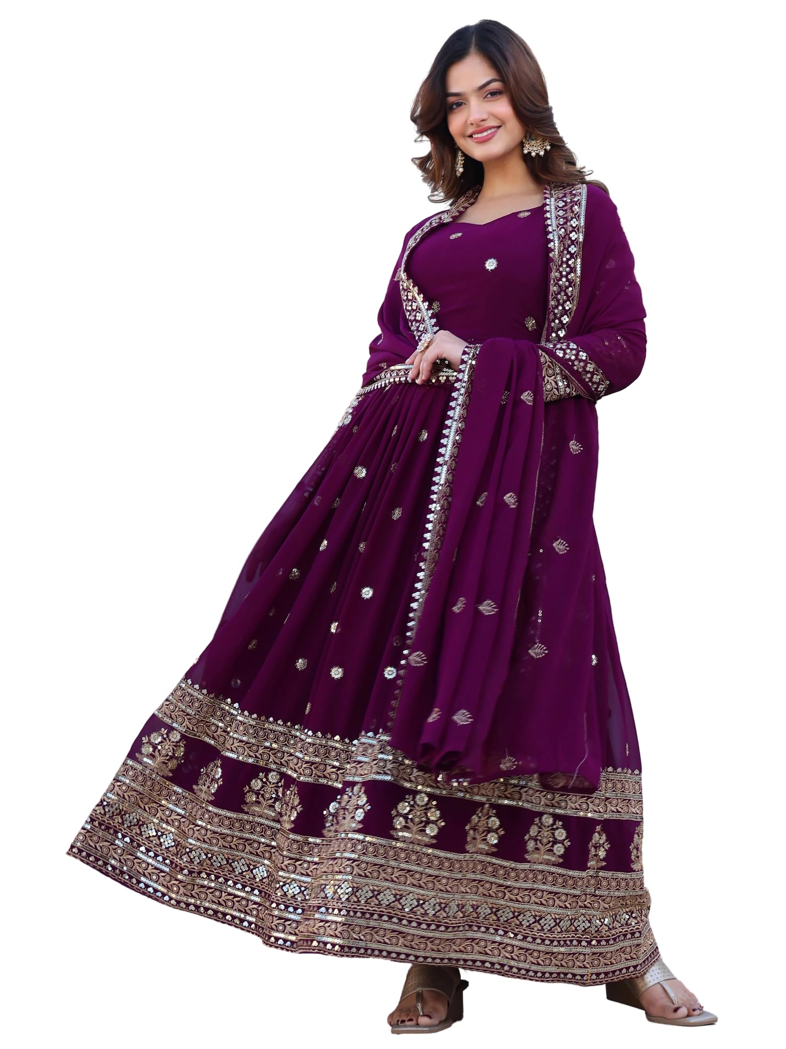 Fashion Basket Georegtte Anarkali Long Dress For Women Purple