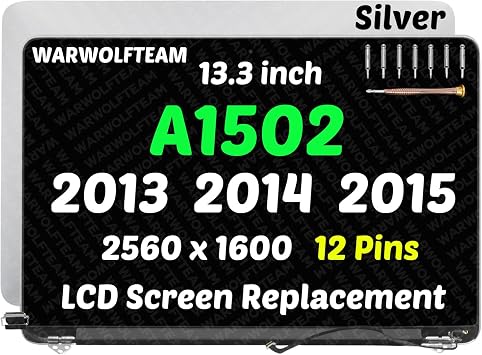 13.3inch Compatible with MacBook Pro A1502 Retina Early 2015 EMC 2835 661-02360 MF839LL/A MF840LL/A 12Pins 2560 x 1600 LCD LED Screen Replacement Whole Hinge-up AssemblySilver