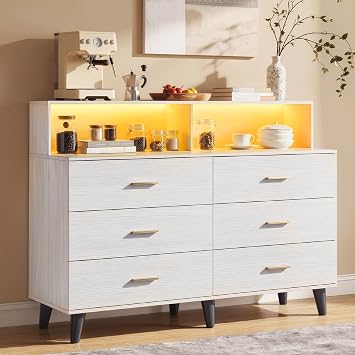 6 Drawer Dresser with LED Light, Charging Station & Open Shelf, Tall Wide Black Wood Chest of Drawers Storage Organizer for Closet, Room, Entryway, Dorm, Apartment
