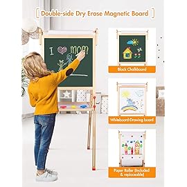 YOHOOLYO Kids Easel Wooden Children Art Easel Paper Roll,Double Sided Magnetic Whiteboard Chalkboard Dry Eraser Adjustable Height for Boys Girls Gifts
