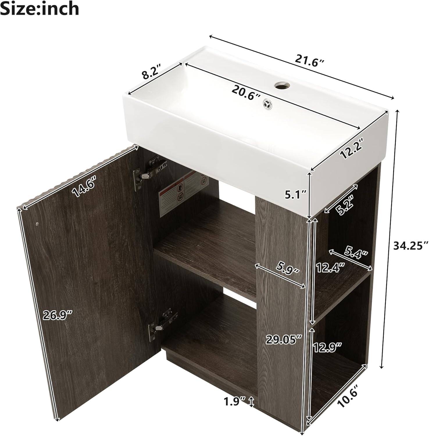 22 Inch Bathroom Vanity with Sink, Small Freestanding Bathroom Vanities with Soft-Close Door, Modern Single Sink Vanity Combo with Right Side Storage Shelves for Small Bathrooms, Dark Gray