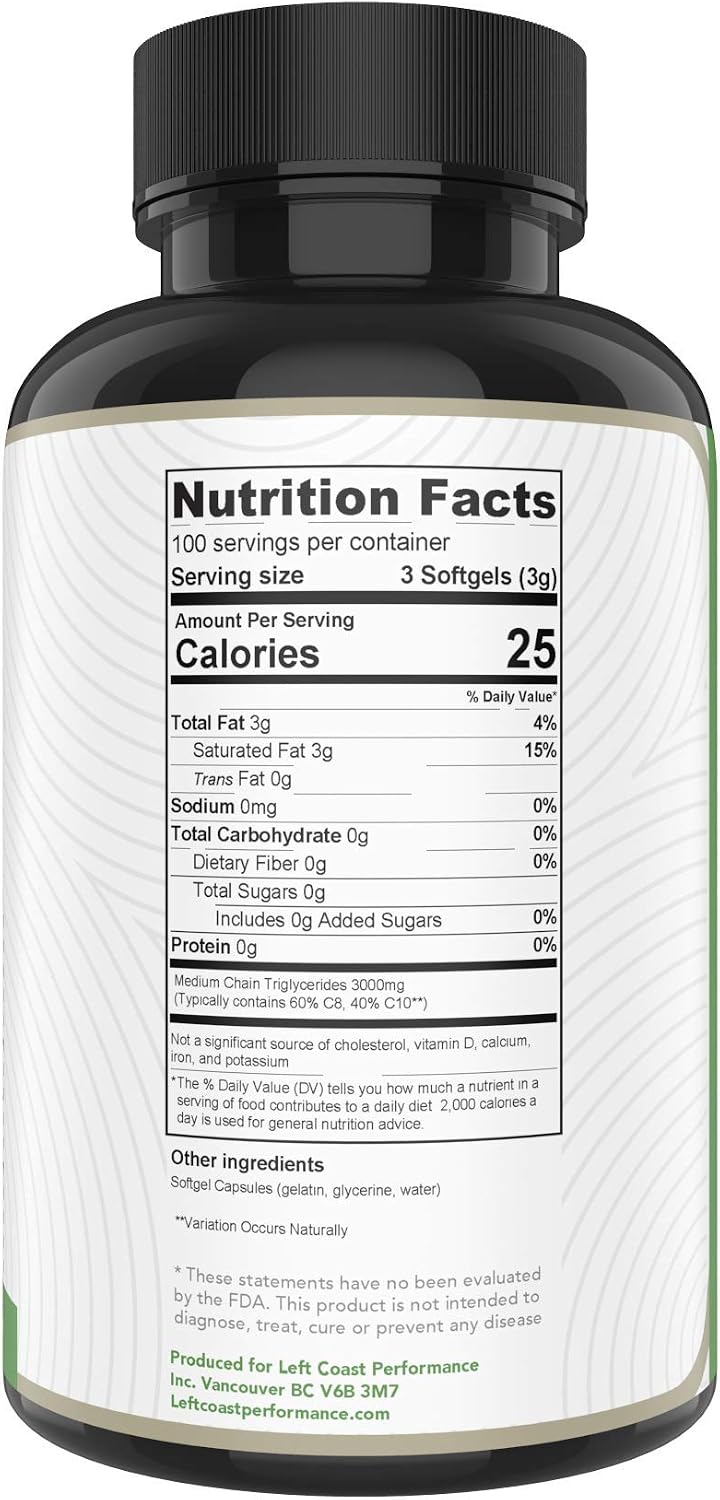 MCT Oil Cpasules (300 MCT Capsules) derived only from Coconuts. C8 / C10 MCT Oil Softgels, Keto Friendly by Left Coast Performance