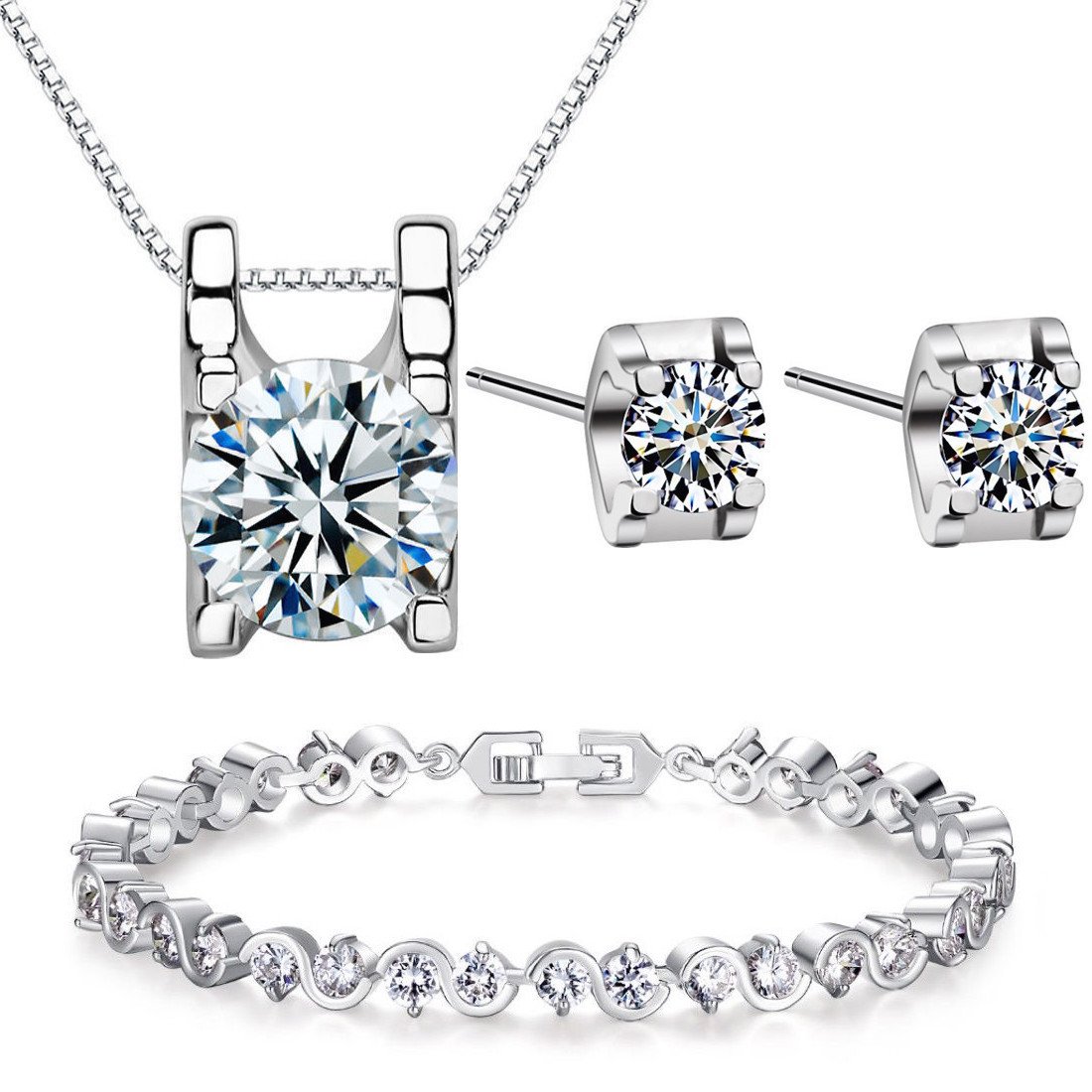 Kim Johanson Damen Schmuckset *Marie* in Silber I Halskette mit Anhänger & Ohrringen aus 925 Sterling Silber I Armband rhodiniert I Mit weißen Kristallen besetzt inkl. Geschenkbox