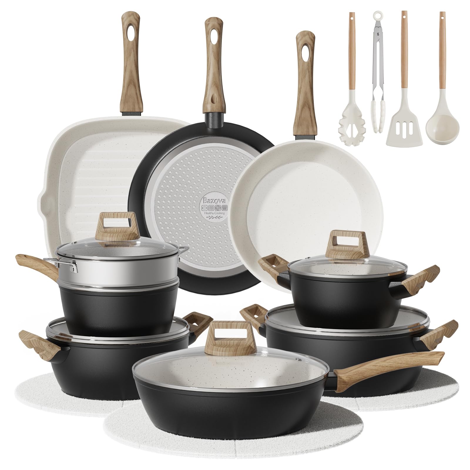 24Pcs Pots and Pans Set Non Stick,Ceramic Cookware Set with Titanium-Reinforced Nonstick Coating,Long-Lasting,PFAS-Free,Induction Compatible,Full Kitchen Set with 3 Stock Pots for Family Cooking,Black