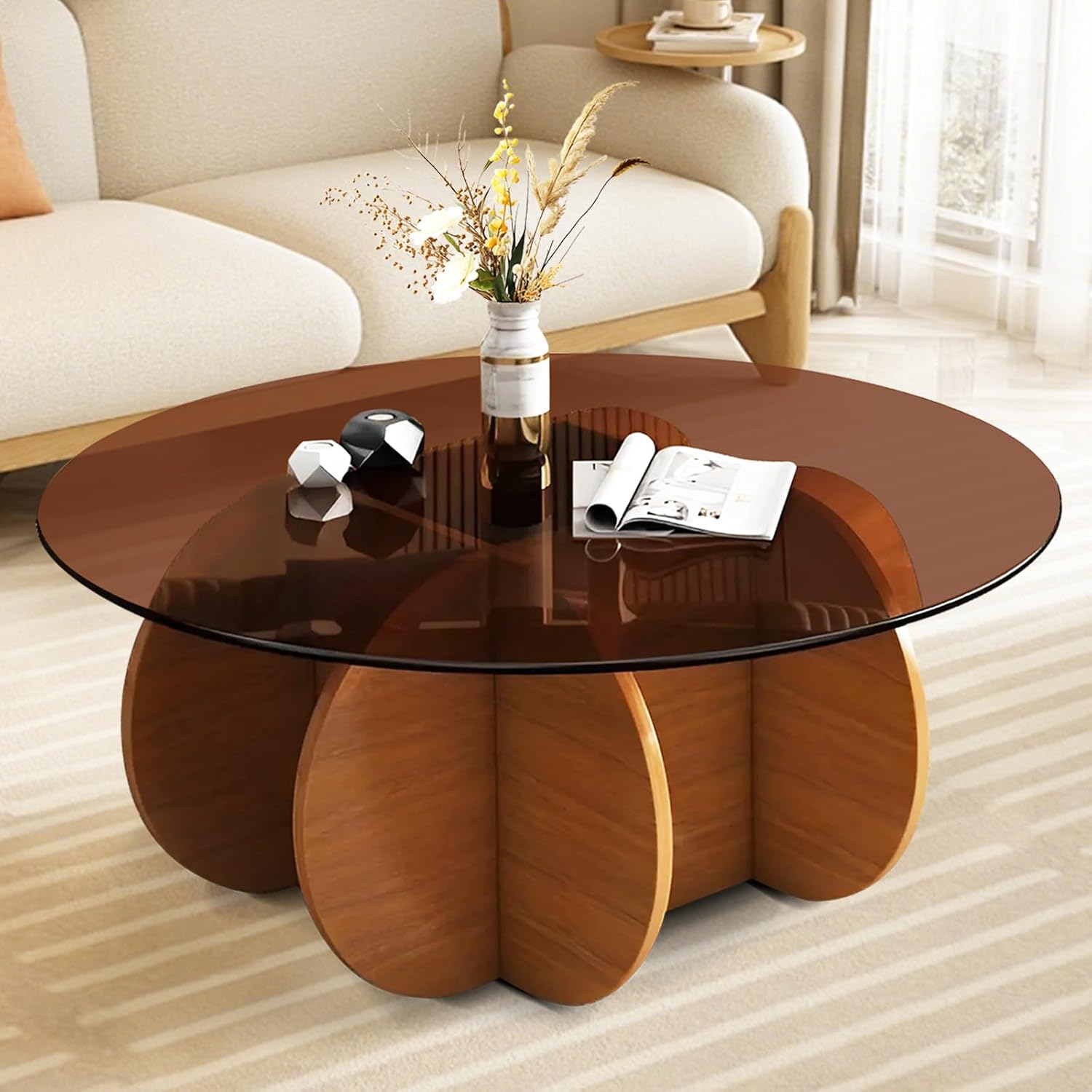 Glass Coffee Table Round，Modern Small Round Wood Coffee Tables for Living Room Black&Brown Circle Coffee Table Circular Wooden Tea Table with Tempered Glass Top for Home Small Space (Brown)