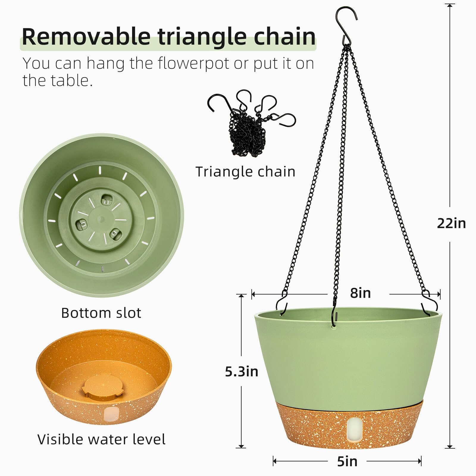 QCQHDU 2 Stück 20 cm Blumenampel Hängend ür Innen und Außen,Hängetopf mit Drainageloch für Pflanzen,3-Haken-Blumentöpfe zum Aufhängen,Hängepflanzen Topf für Garten und Haus(Grün)