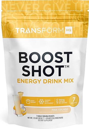 TransformHQ Boost Shot - Paquetes de bebida en polvo, piña colada, paquete de 7, suplementos energéticos para mujeres y hombres, con cafeína,