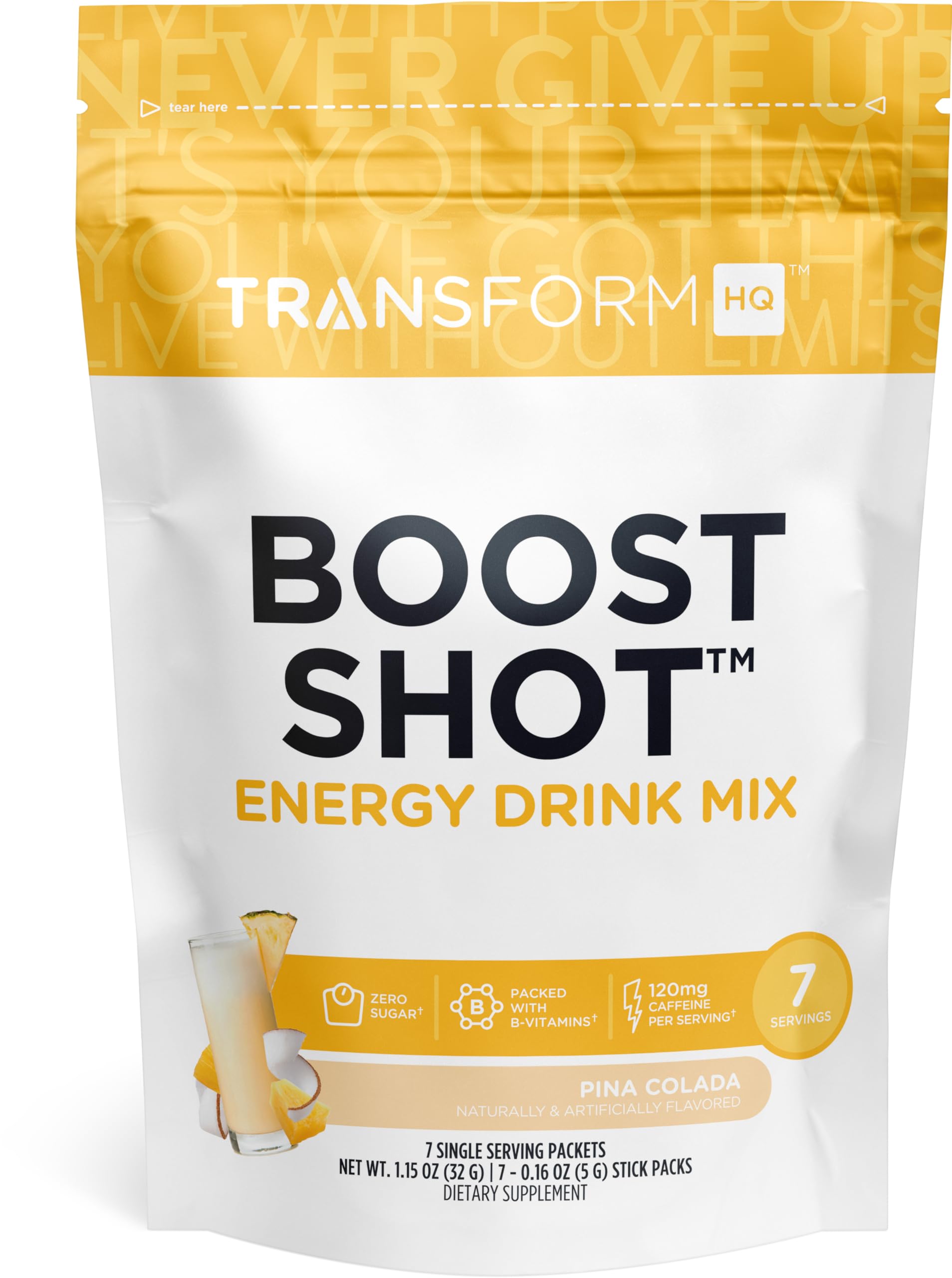 TransformHQ Boost Shot Powder Drink Stick Packets, Pina Colada, 7 Pack, Energy Supplements for Women & Men, with Caffeine, Vitamin B12, B9, B6 & B3