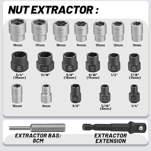 Miniatura 6 de UYECOVE Juego de 20 extractores de pernos, juego de extractor de pernos rotos para quitar tuercas de llanta, dañadas, congeladas, oxidadas,