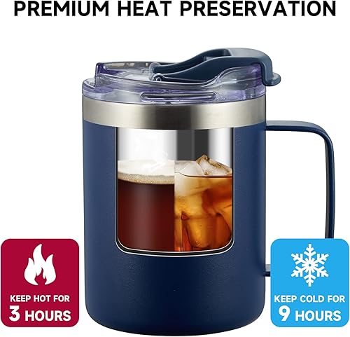 Miniatura 3 de ALOUFEA Taza de café aislada de acero inoxidable de 12 onzas con asa, taza de viaje al vacío de doble pared, vaso con tapa abatible, azul marino y
