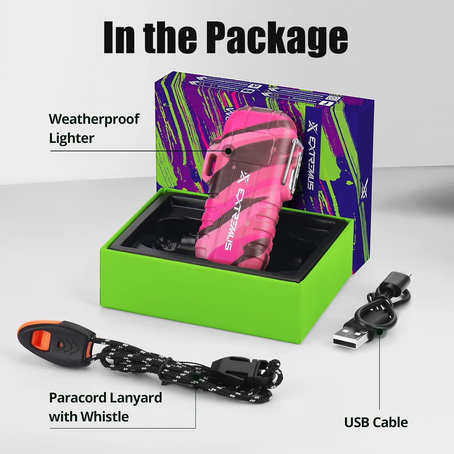 Extremus Blaze 360 Rechargeable Electric Lighters, Dual Arc Lighter, Windproof Plasma Lighter, Waterproof Flashlight Lighter, Flameless Lighter with Whistle Lanyard For Camping Survival Tactical Gear