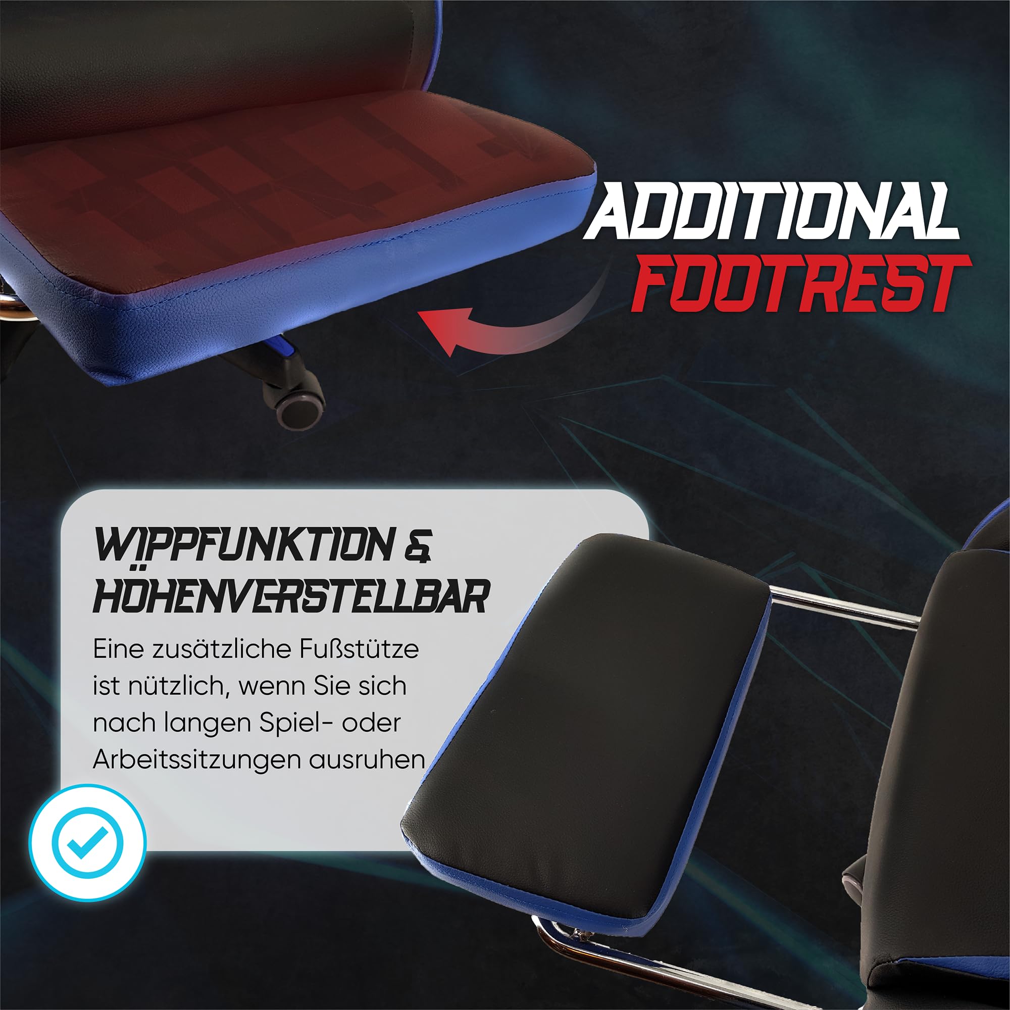 xRace Gaming Stuhl, Bürostuhl, Ergonomischer Pc Stuhl, Gaming Sessel aus Leder mit Lendenwirbelstütze, Verstellbarer Drehbarer, Task Stühle mit Fußstütze und Kopfstütze, Blau