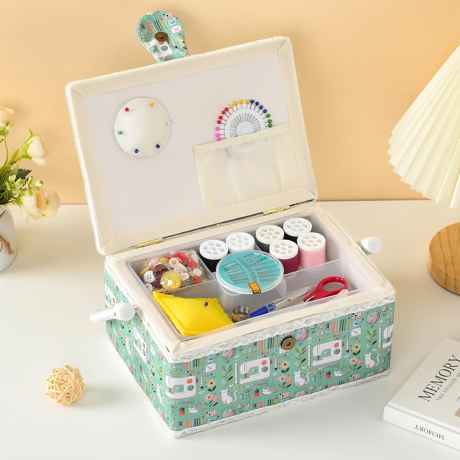 Sewing Basket - Sewing Box for Sewing Supplies, Sewing Organizer Box Sewing Kit Storage Christmas Gift for Sewing Enthusiast (Cyan)