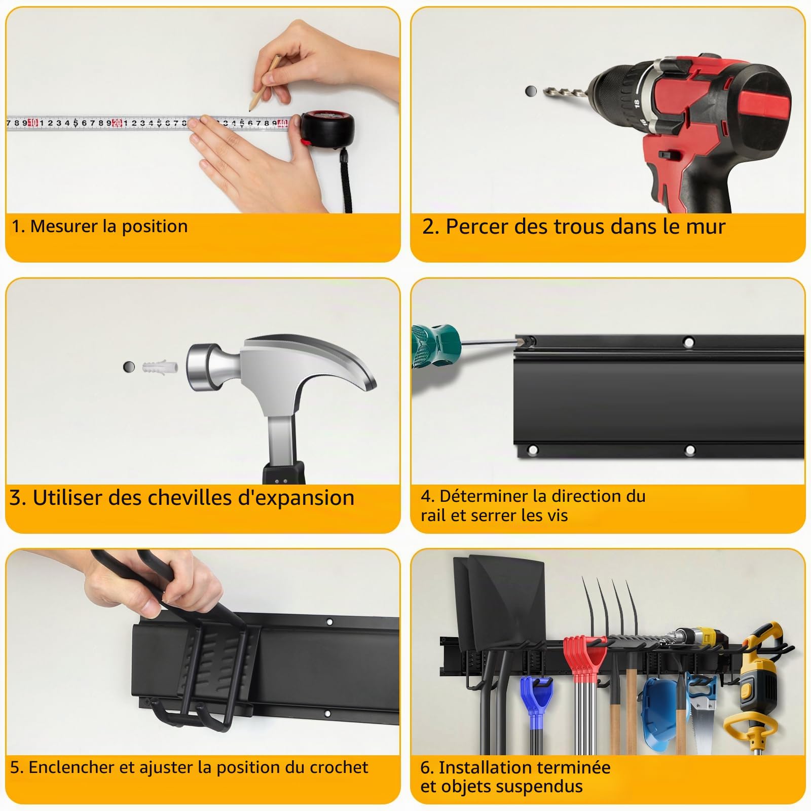 Garage Tool Manager, Porte Outils Mural, Rangement Outils Jardin, Support Mural d'Outils de Garage avec 9 Crochets et 3 Rails pour Outils de Jardin, Pelles, Balais
