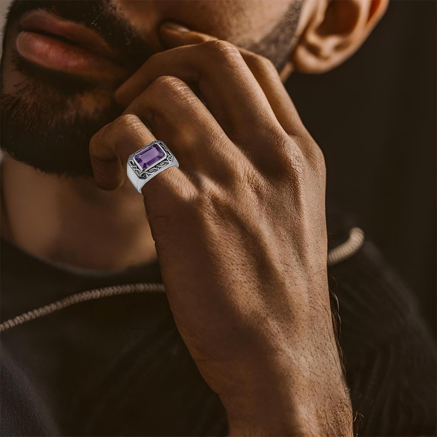 Genuine Turquoise Amethyst Ring for Men,925 Sterling Silver Vintage Ruby Sapphire Black Onyx Blue Crystal Rings Real Gemstone Pinky Thumb Western Ring for Dad Father Husband, Size 6-14