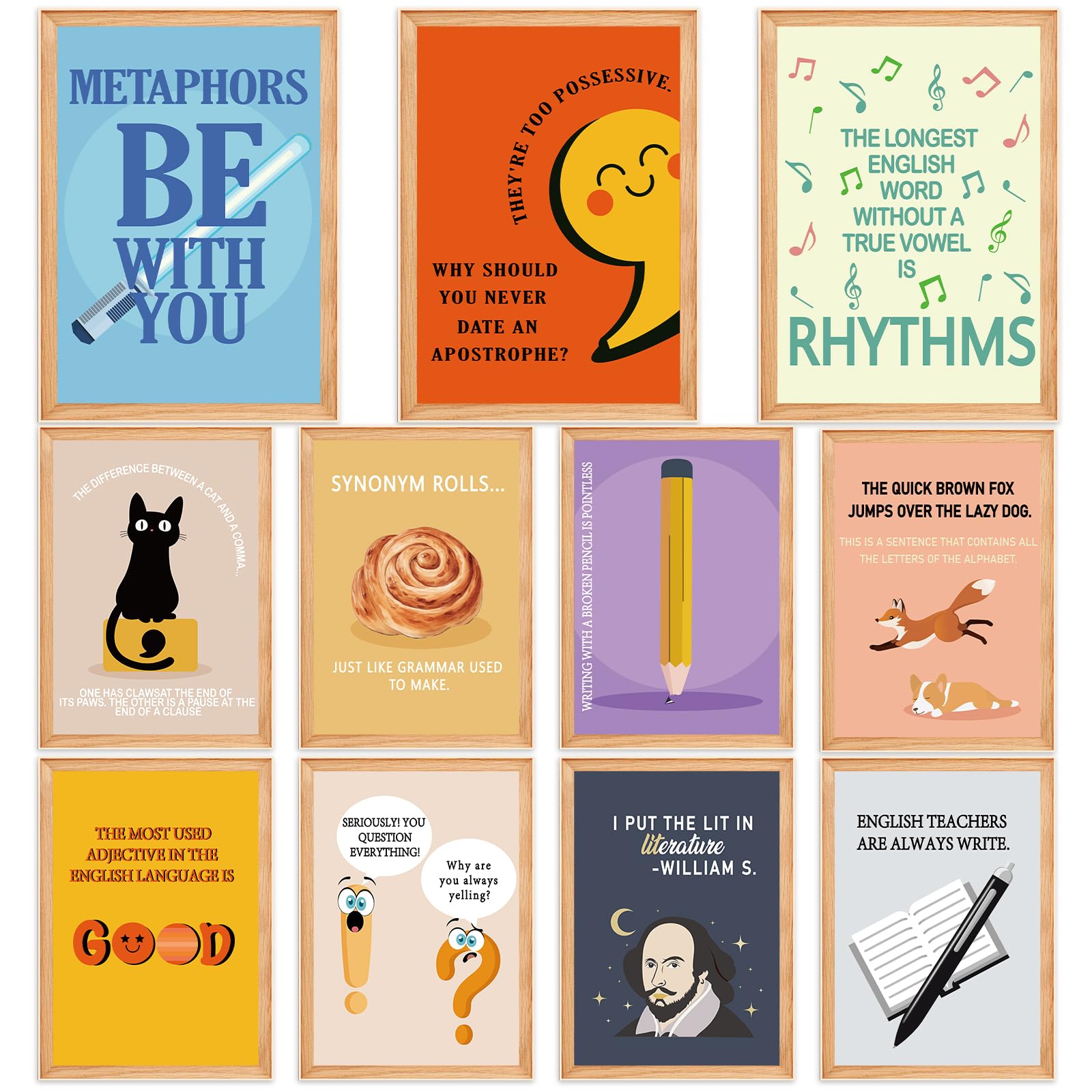 gisgfim 12Pcs English Classroom Posters Funny ELA Jokes Posters Set Hilarious Grammar Puns English Poster Decor Bundle Set for Teachers Middle High School Education Bulletin Classroom Wall Decor
