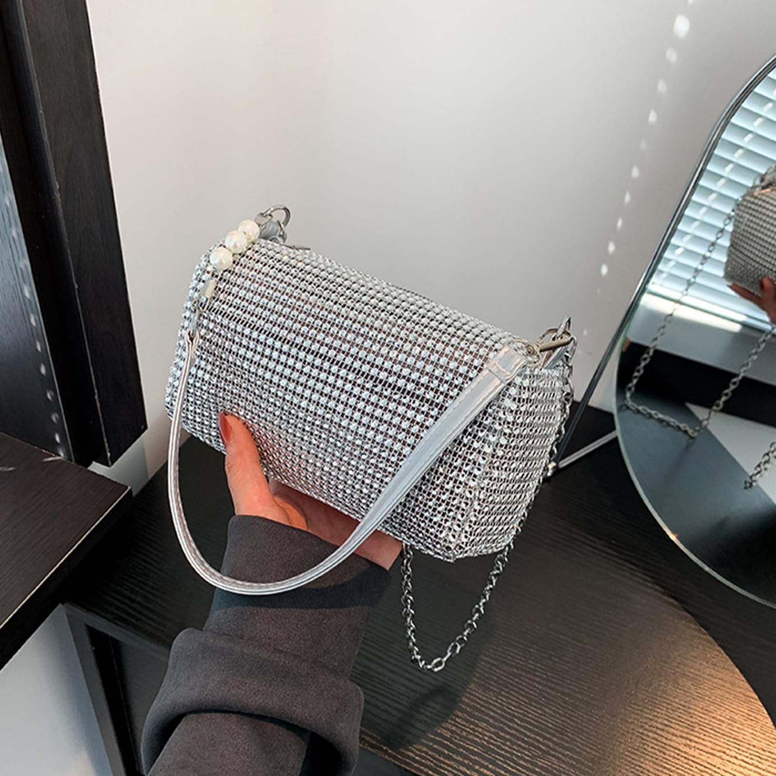 Sac Soirée Argenté Femme Pochette à Bandoulière Pailleté Avec Thé Parfumé
