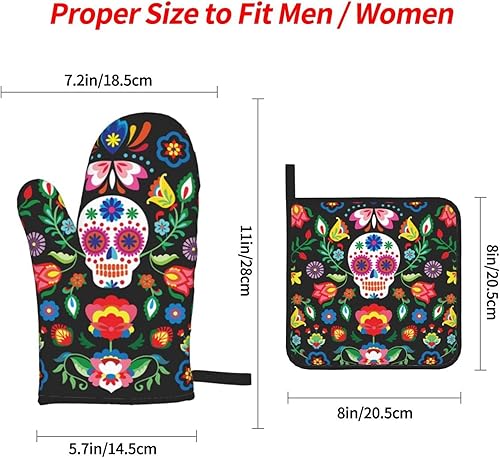 Miniatura 2 de Juego de 4 manoplas de horno y soportes para ollas con diseño floral de calavera mexicana, guantes resistentes al calor para cocina, hornear, asar a