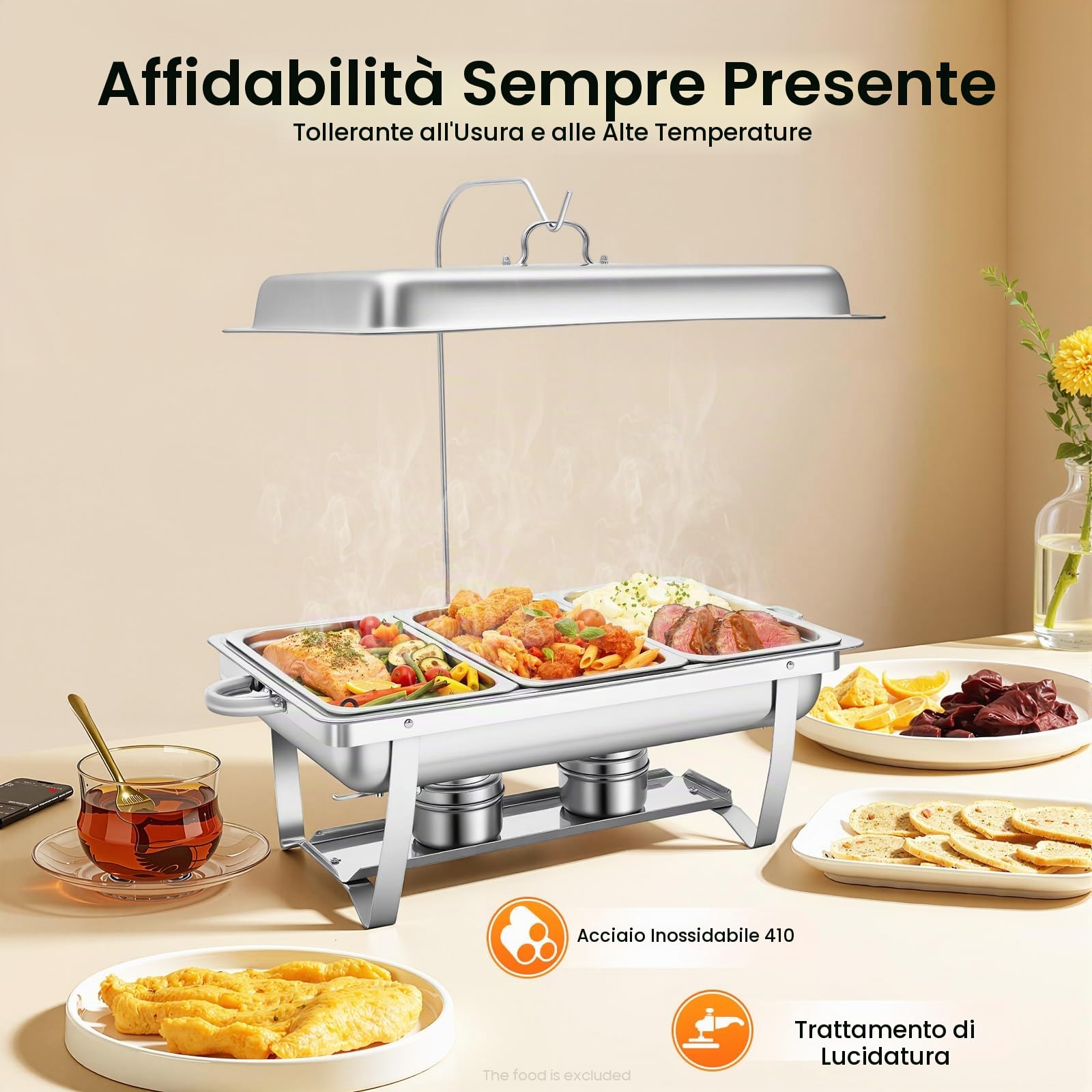 Set scaldavivande Chafing Dish, 9 l, 3 griglie, in acciaio inox, 55 x 35 x 26,3 cm, contenitore caldo per alimenti, scaldavivande a buffet