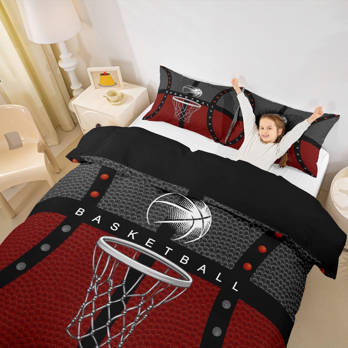 Boys Basketball Bedding Set,Sports Gaming Duvet Cover for Teens,Kids Sport Basketball Comforter Cover Decorative Room,Children Orange Gray Quilt Cover with 2 Pillowcases,Full Size(No Comforter) image 4