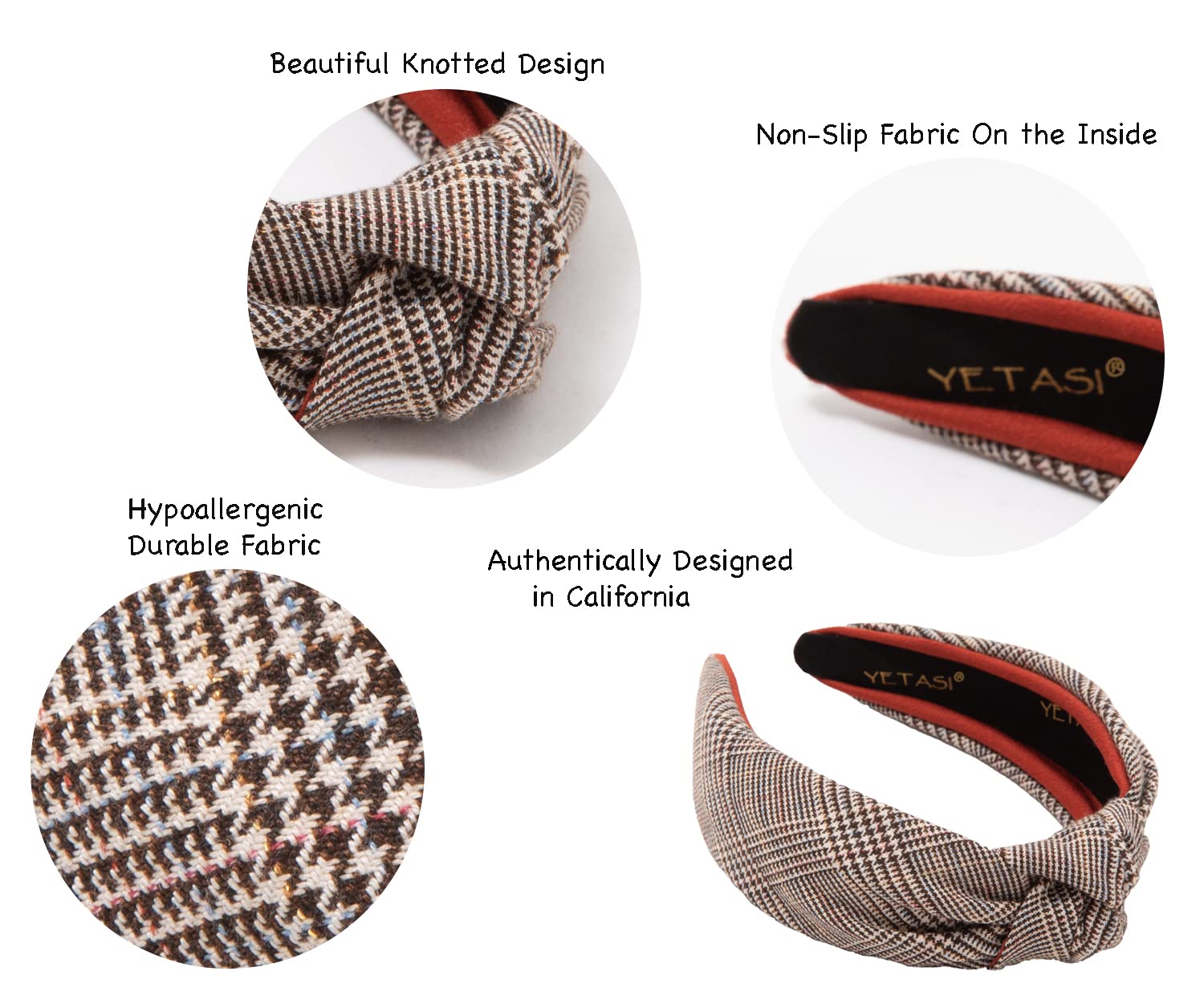 Brown Women's Headbands - Non-Slip Plaid Knotted Headband with Unique Top Knot Design