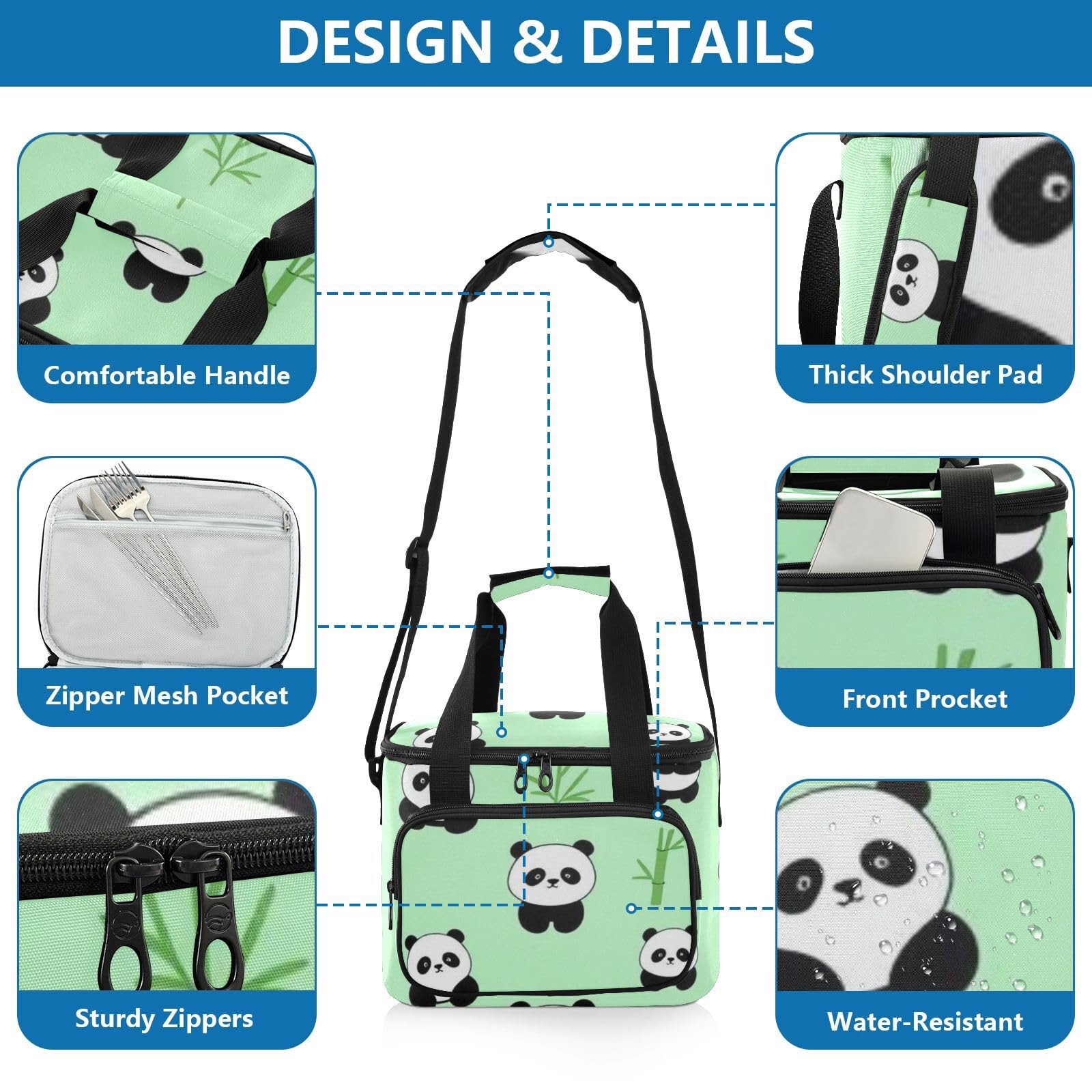 Wudan Panda Green Stalks Bezszwowa drukowana lodówka piknikowa z podszewką PEVA Road Trip Office Workers