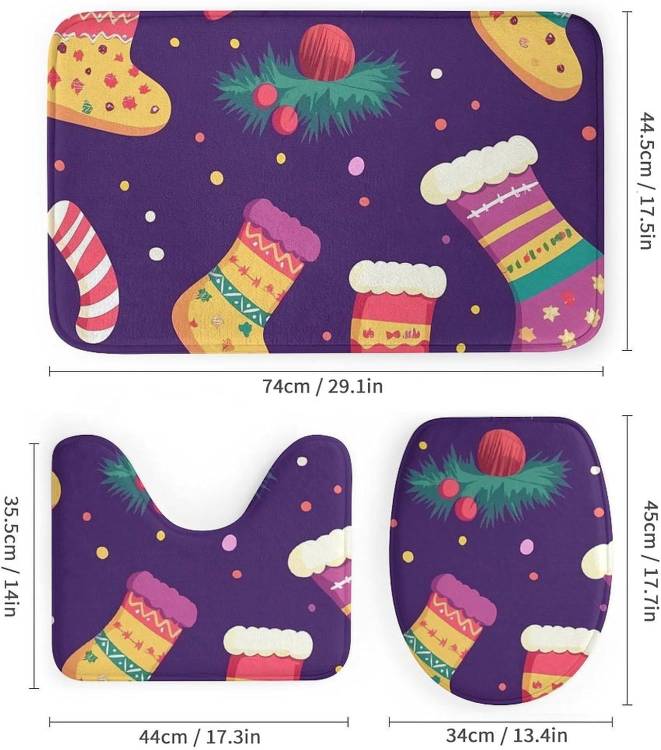 Cute Christmas Stocking Pattern Modern Bathroom Sets with Shower Curtain and Rugs Decor 4 Pcs with 12 Hooks