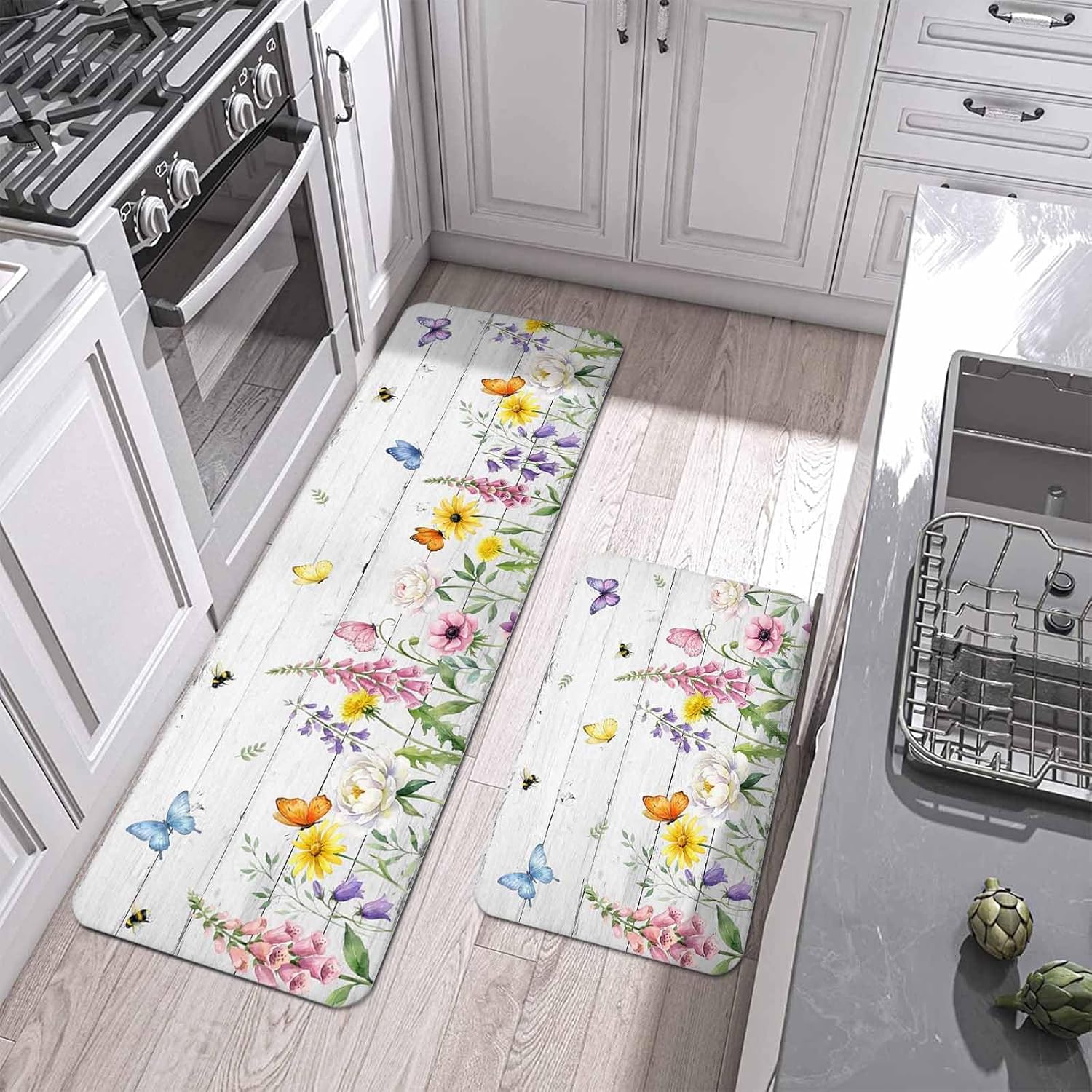 Summer Flower Kitchen Mat Set 2 Pieces Spring Pink Floral Colorful Butterfly White Wood Grain Non Slip Kitchen Rugs Washable Runner Rug Mats for Floor Sink Laundry Office 19.7" x 31.5"+19.7" x 47.2"