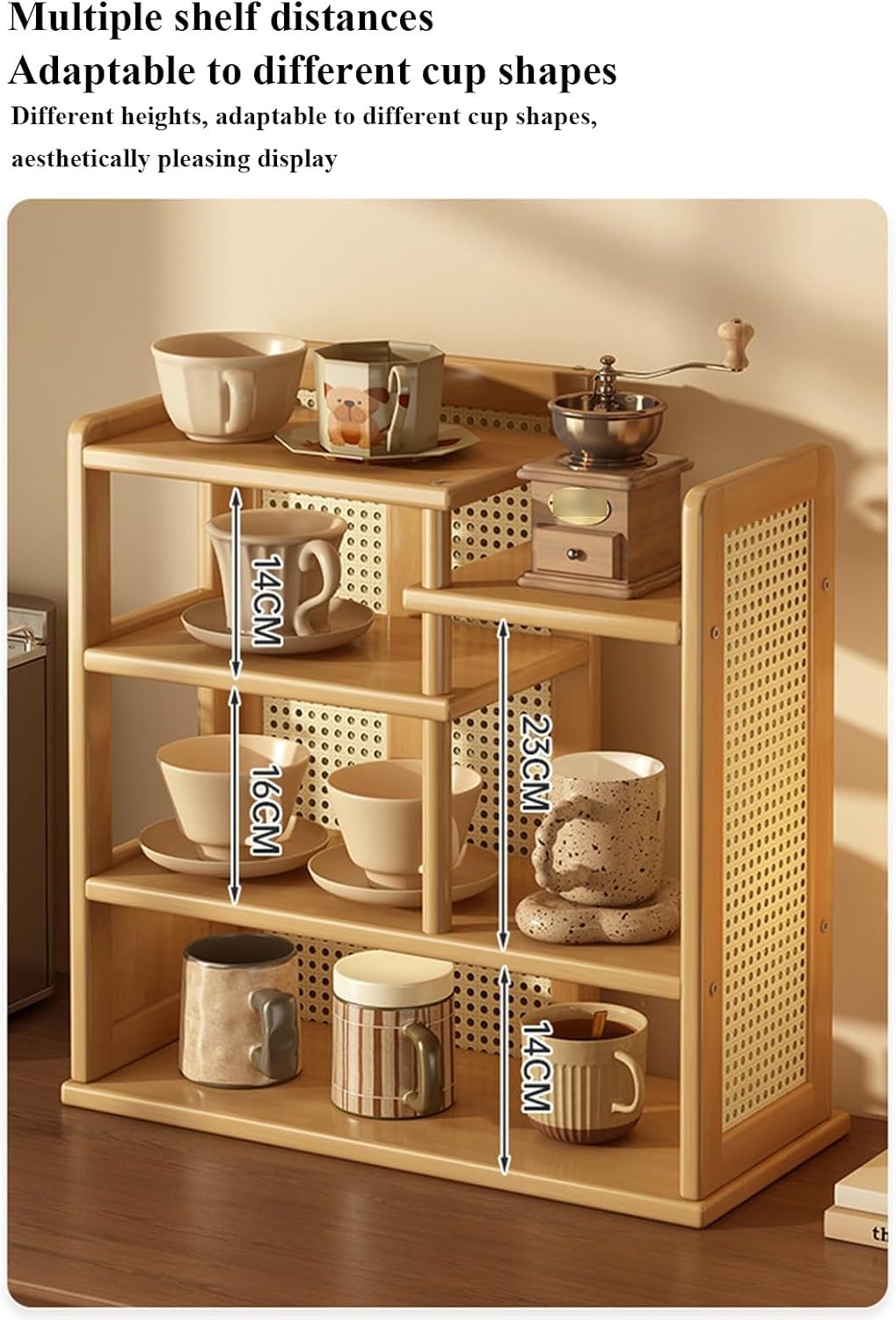 4 Tier Cup Mug Holder Wooden Bamboo Look, Condiment Storage Rack, Bathroom Stand Storage Shelf，Walnut 60cm