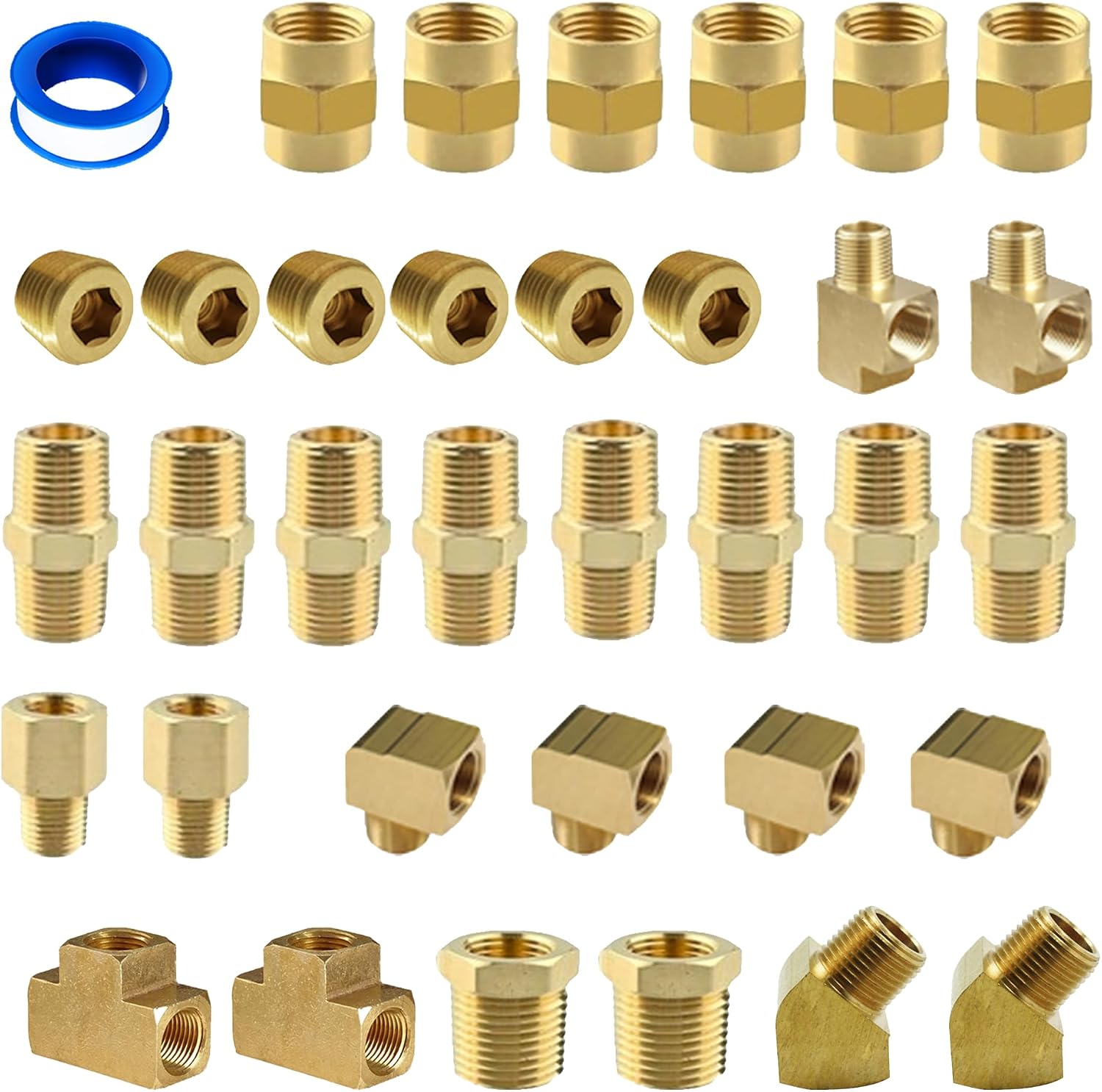 35 pcs Brass Fittings Kit,1/2" NPT Kit, Tee, Couplers, Pipe Plug, Extension, Bushing, Hex Nipple, Street Tee, 90 and 45 Deg Street Elbow, 1/2" Brass Misc Fitting Kit Bulk