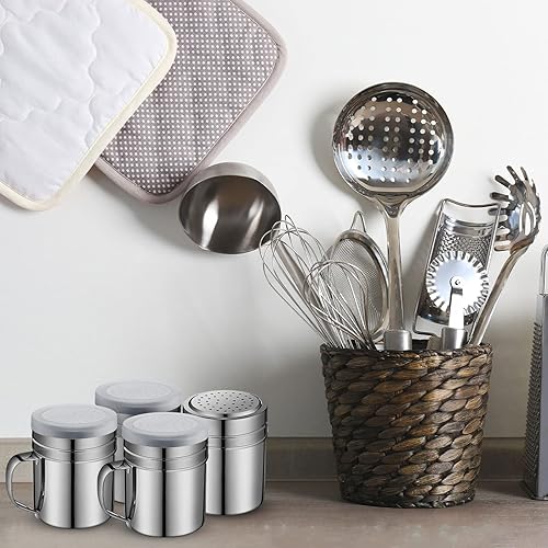 Miniatura 6 de Lallisa 12 pompones de especias de acero inoxidable de 10 onzas con agujeros y tapas, saleros versátiles con asa, accesorios versátiles para azúcar,