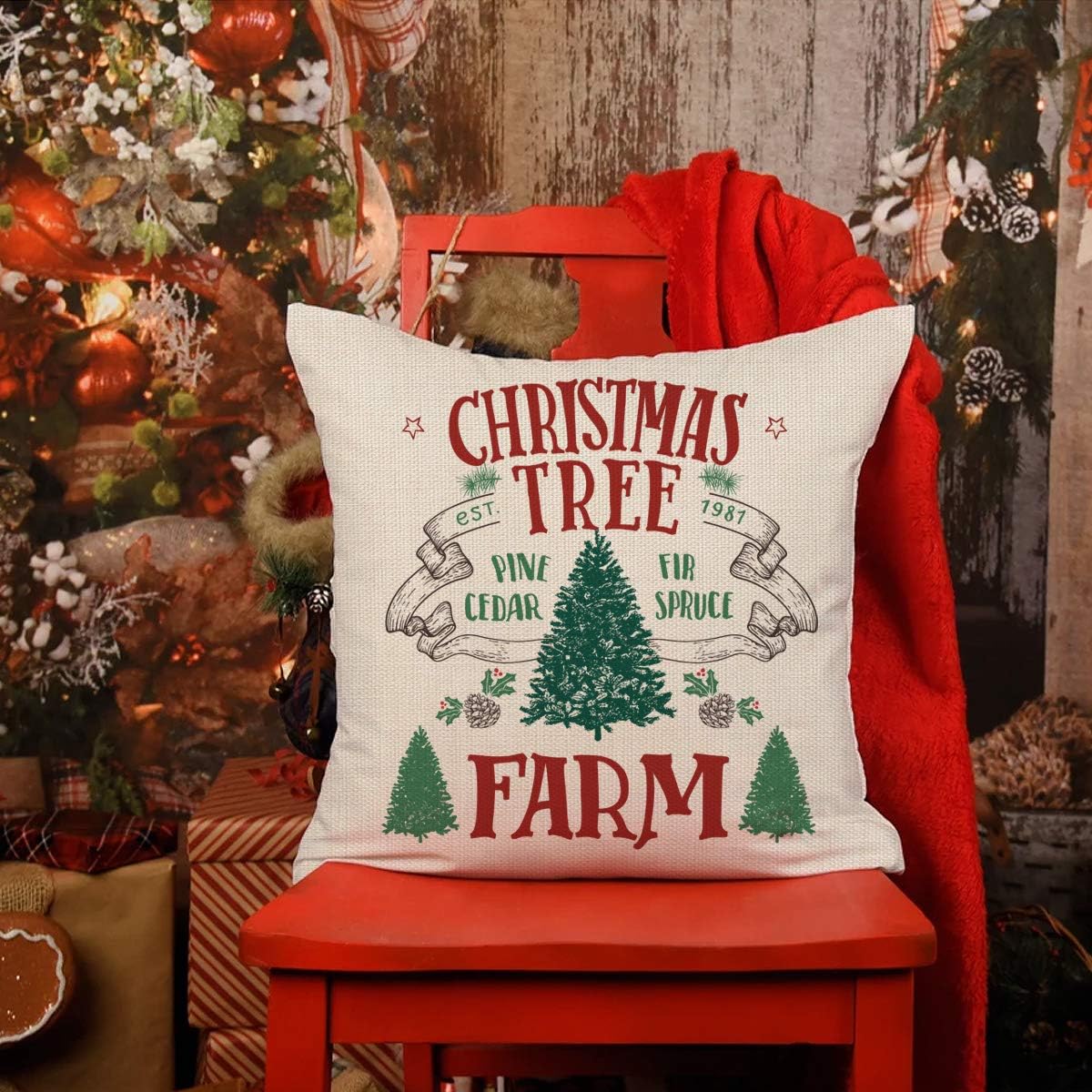 DAZONGE Christmas Throw Pillow Covers 18"x 18" | Set of 4 Christmas Tree Farm Pillow Cases for Sofa Car Cushion Cover | Vintage Christmas Home Decor
