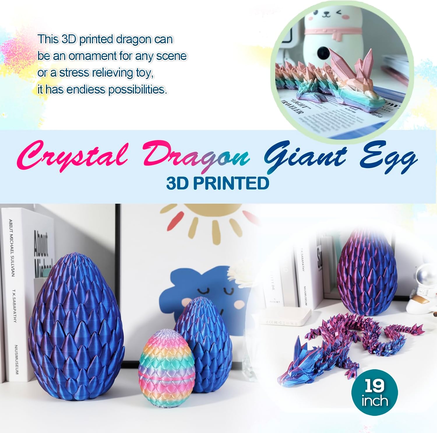 19 inch Large 3D Printed Dragon,Dragon Eggs with Dragon Inside,Surprise Dragon Egg Toy,Prefilled Easter Eggs Basket Stuffers for Boys Kids Teen 5-7 4-6 8-12