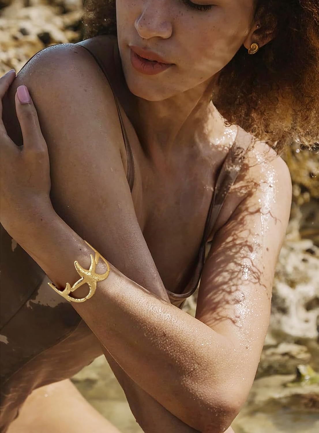 Wide Gold Cuff Bracelets for Women Boho Vintage Statement Starfish Open Bangle Bracelet Irregular Summer Beach Shell Sea Coral Bracelets - Image 3