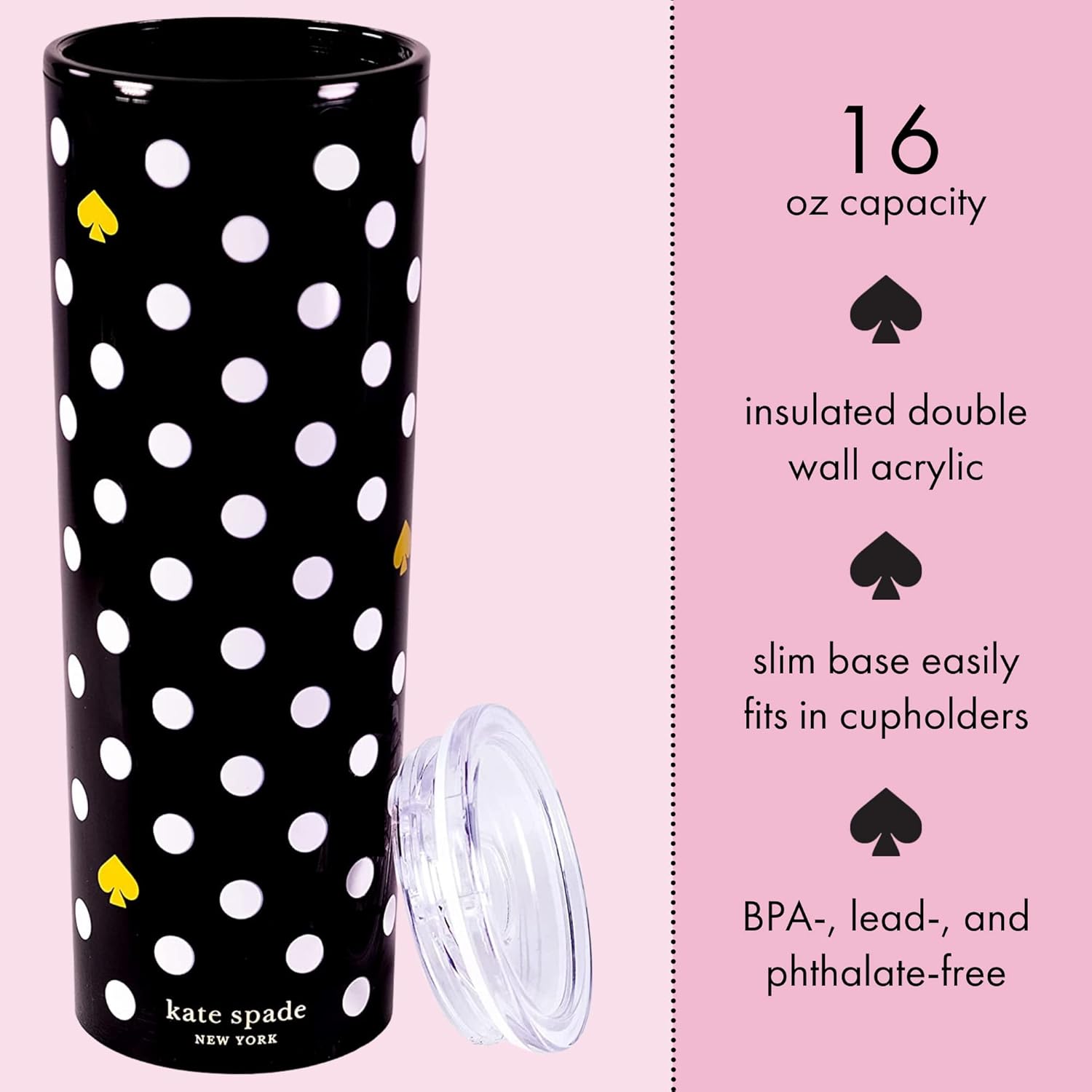 kate spade new york 16 Ounce Insulated Travel Mug with Lid, Black Double Wall Thermal Tumbler for Coffee/Tea, Polka Dots - Image 2