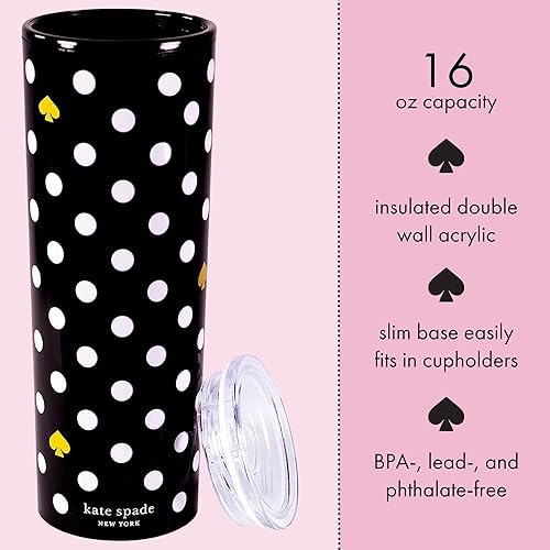 Miniatura 2 de kate spade new york Taza de viaje aislada de 16 onzas con tapa, vaso térmico negro de doble pared para cafété, lunares