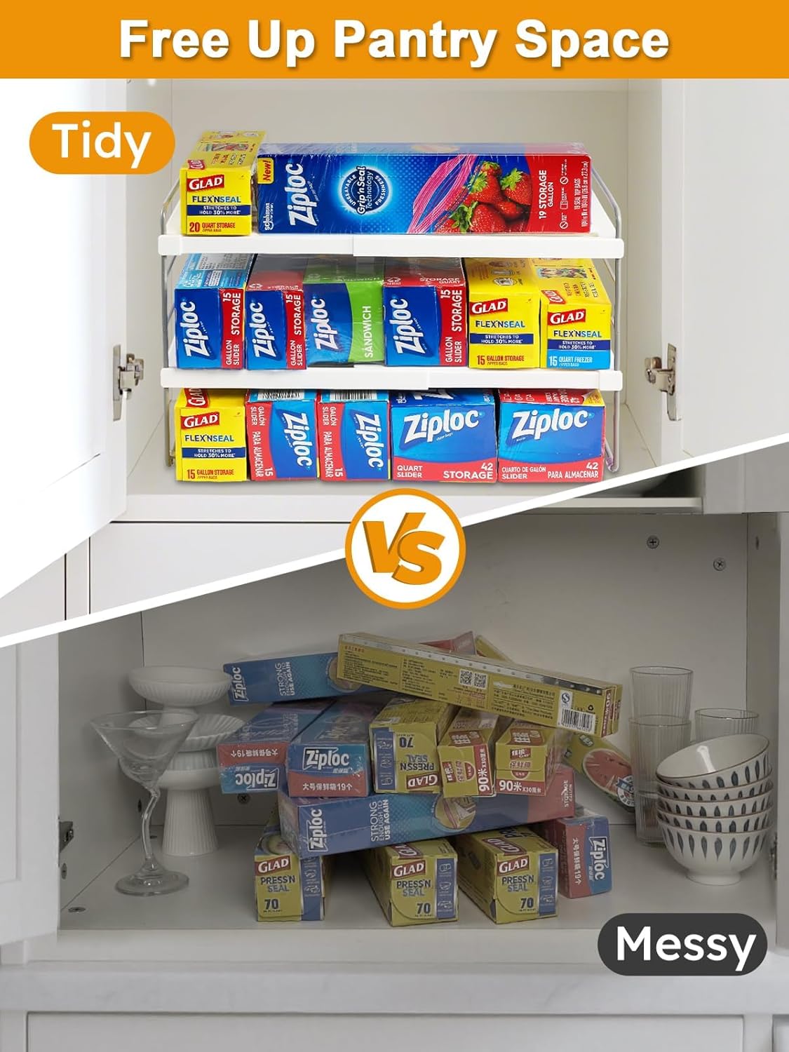 JUPELI Foil and Plastic Wrap Organizer, Expandable Kitchen Pantry Storage, Height Adjustable Cabinet Rack for Kitchen Organization, Aluminum Foil -3 Tier 9.8" to 15.6"L - Image 4