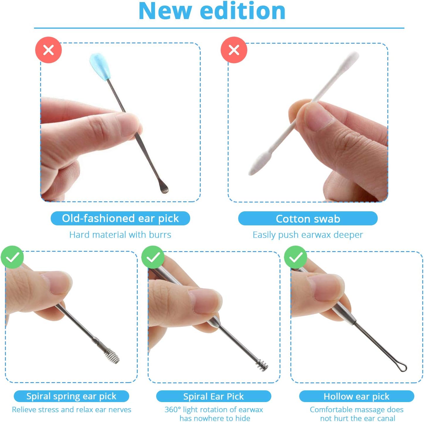 MJIYA Ear Pick Earwax Removal Kit, Ear Cleaning Tool Set, Ear Curette Ear Wax Remover Tool with a Storage Box (Silver, 5 Count (Pack of 1))