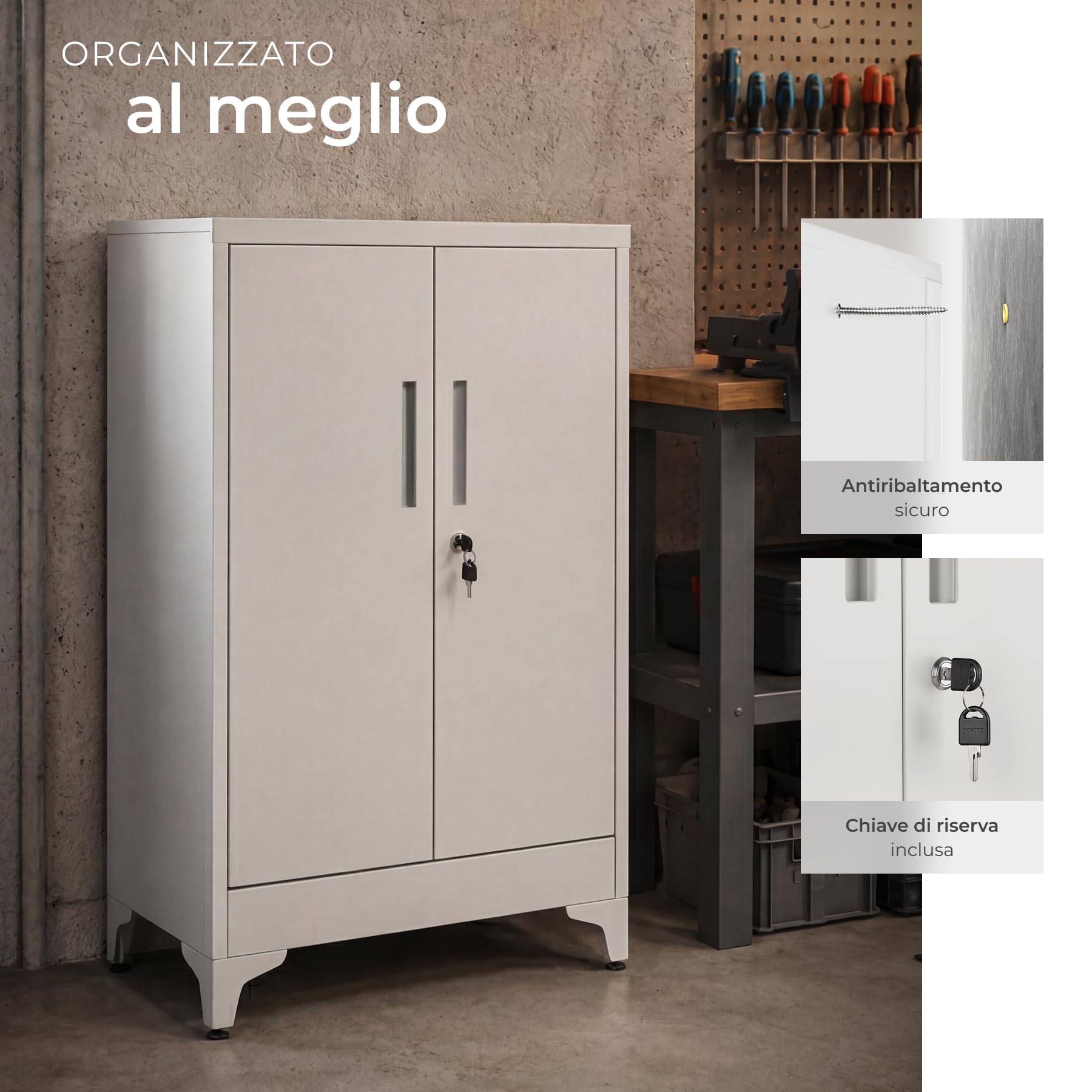 tectake® Armadietto in Metallo Portadocumenti in Acciaio, 60 x 40 x 100 cm, 3 Ripiani Regolabili, Chiusura Magnetica e Chiave, Scaffale Metallo Garage, Mobile Ufficio, Piedini Regolabili - Grigio