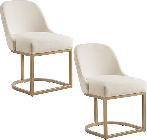 Leick Home 214486 Barrelback Silla de comedor con base de metal, juego de 2, para comedor, asiento moderno de lino blanco y base de metal dorado