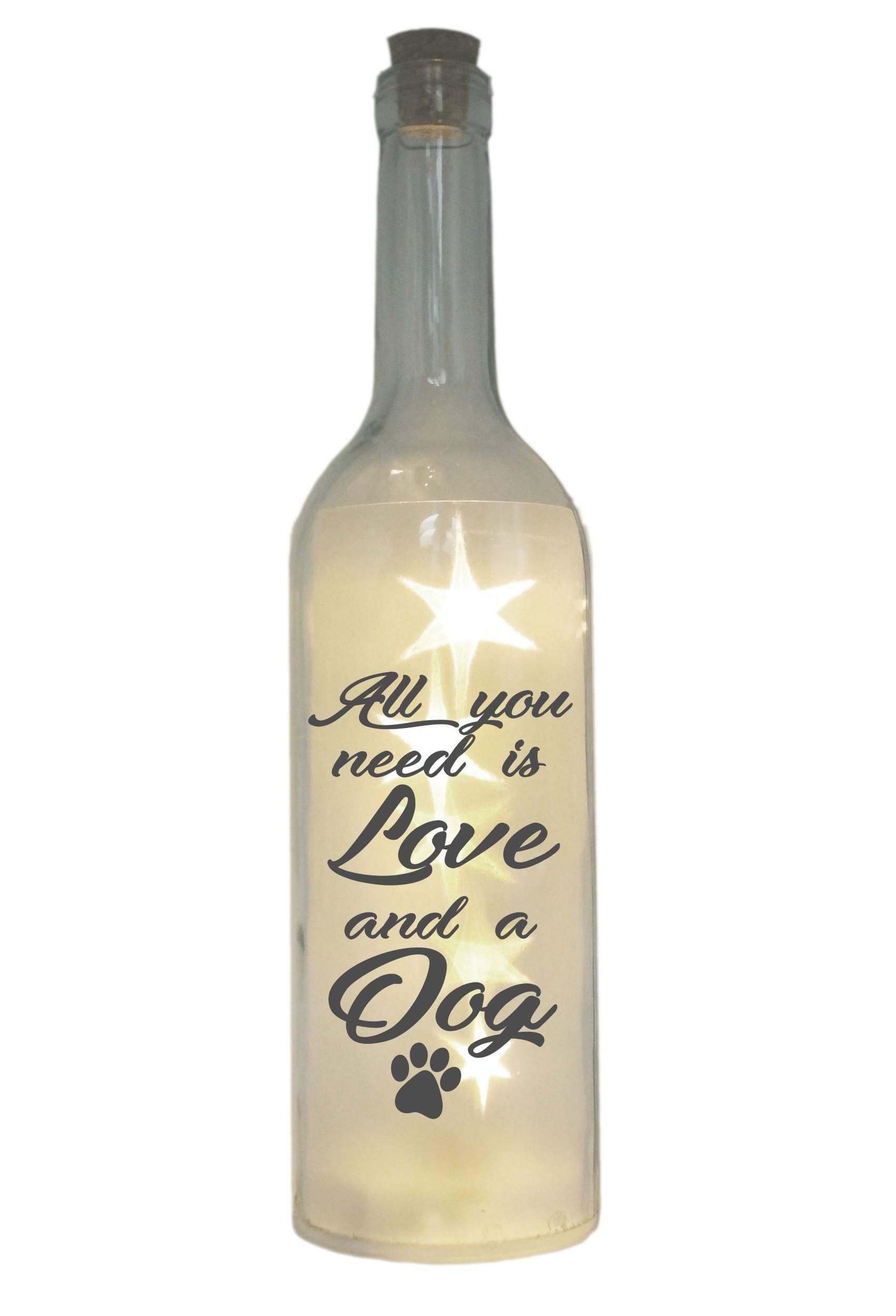 LED-Flasche Mit Hundemotiv 'All You Need Is Love And A Dog' - 29 Cm, Grau, Mit Glitzereffekt