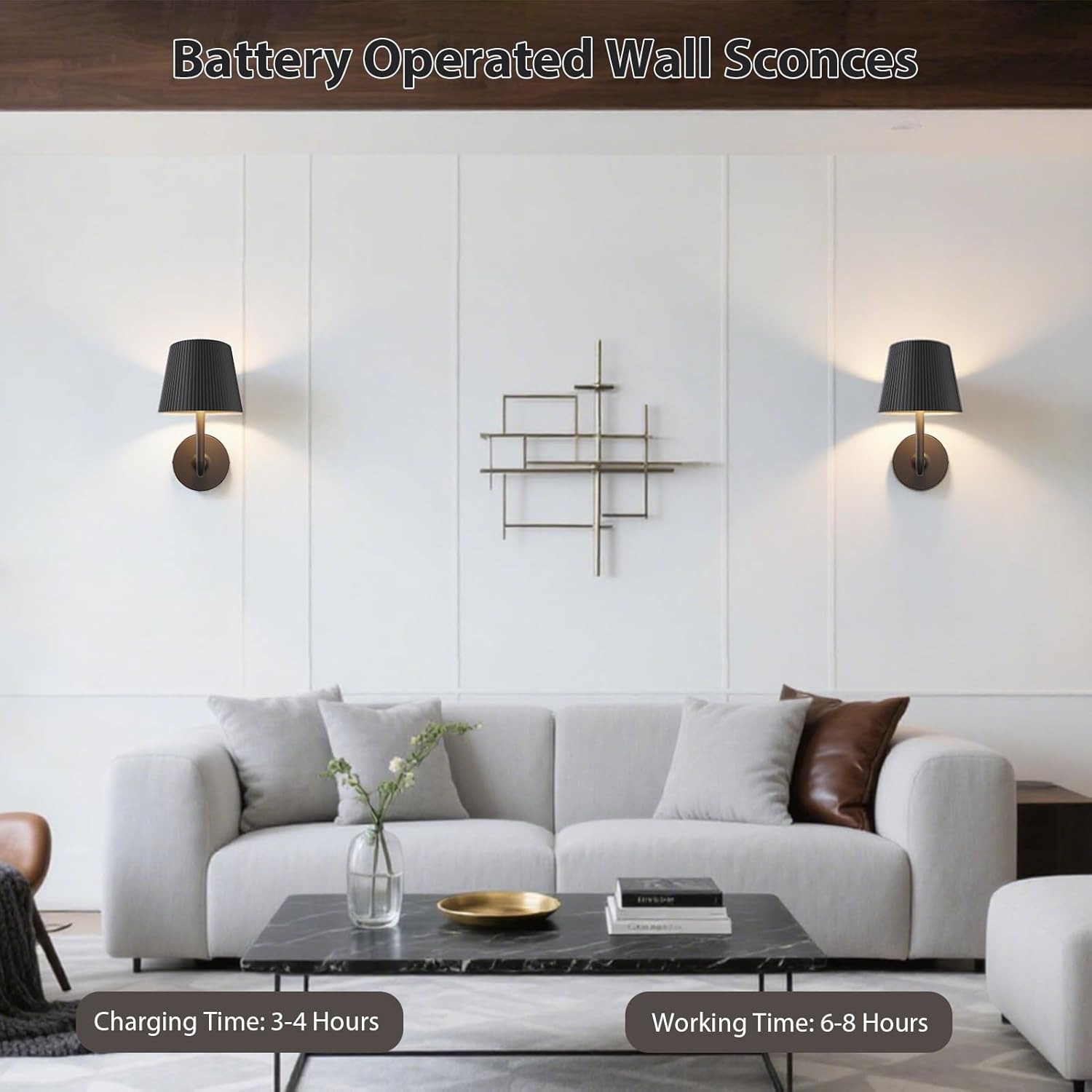 uuffoo Battery-Operated Wall Sconces Set of 2, 3 Color Temperatures, 10-Level Dimming, Smart Timer, Rechargeable Wall Lights for Bedroom, Living Room & Hallway Lighting, Black