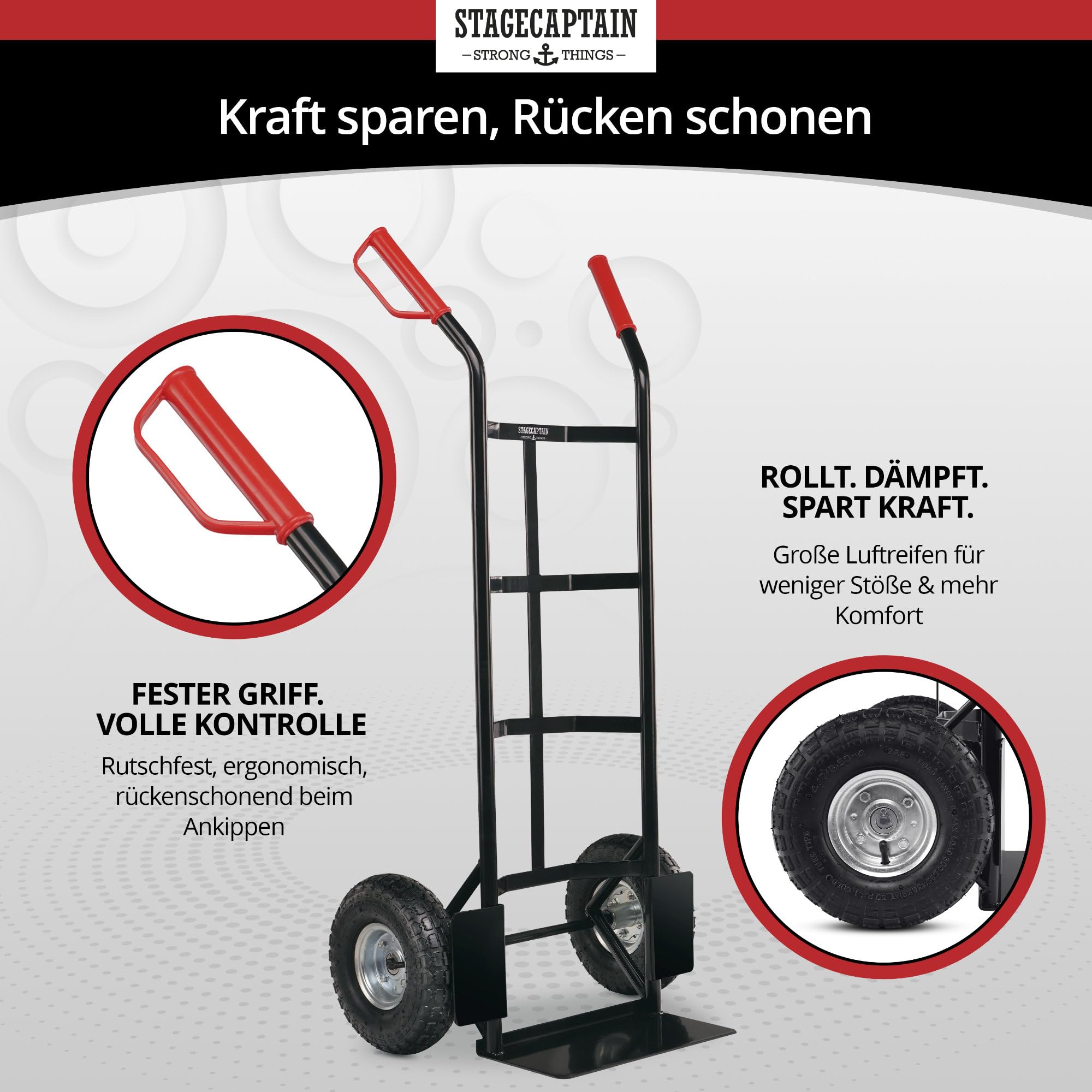 Stagecaptain Carryboy Sackkarre - 200 kg belastbar - Transportkarre für Umzug oder Getränkekisten - Robuster Stahlrahmen und Luftreifen mit 26 cm Ø - Handwagen mit Sicherheits-Haltegriffen - Schwarz