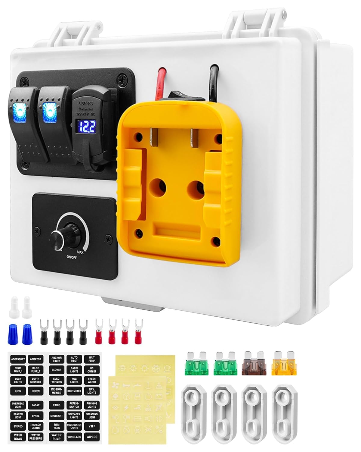 Power Distribution Box with Preset Dimming Circuit and Battery Adapter Fits for Dewalt 20V Battery, Power Adapter Box with Dual USB Charger & Low Voltage Protection, for Rv Truck Warehouse Trailer