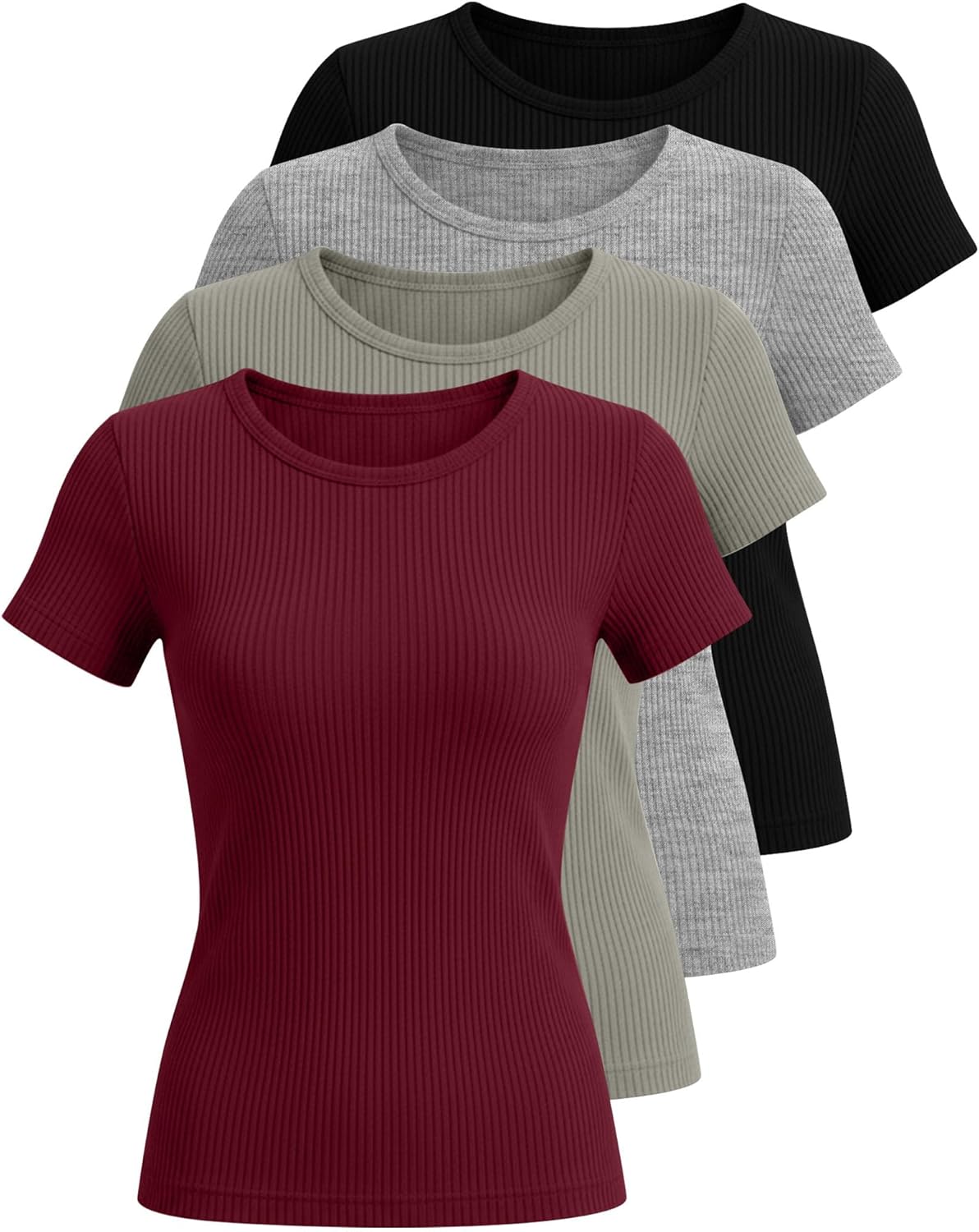 Neer 4 Pack Women's Short Sleeve T-Shirts Cotton Slim Fitted Ribbed Tops Crew Neck Summer Casual Shirt Basic Tight Tees 2026 - Image 3