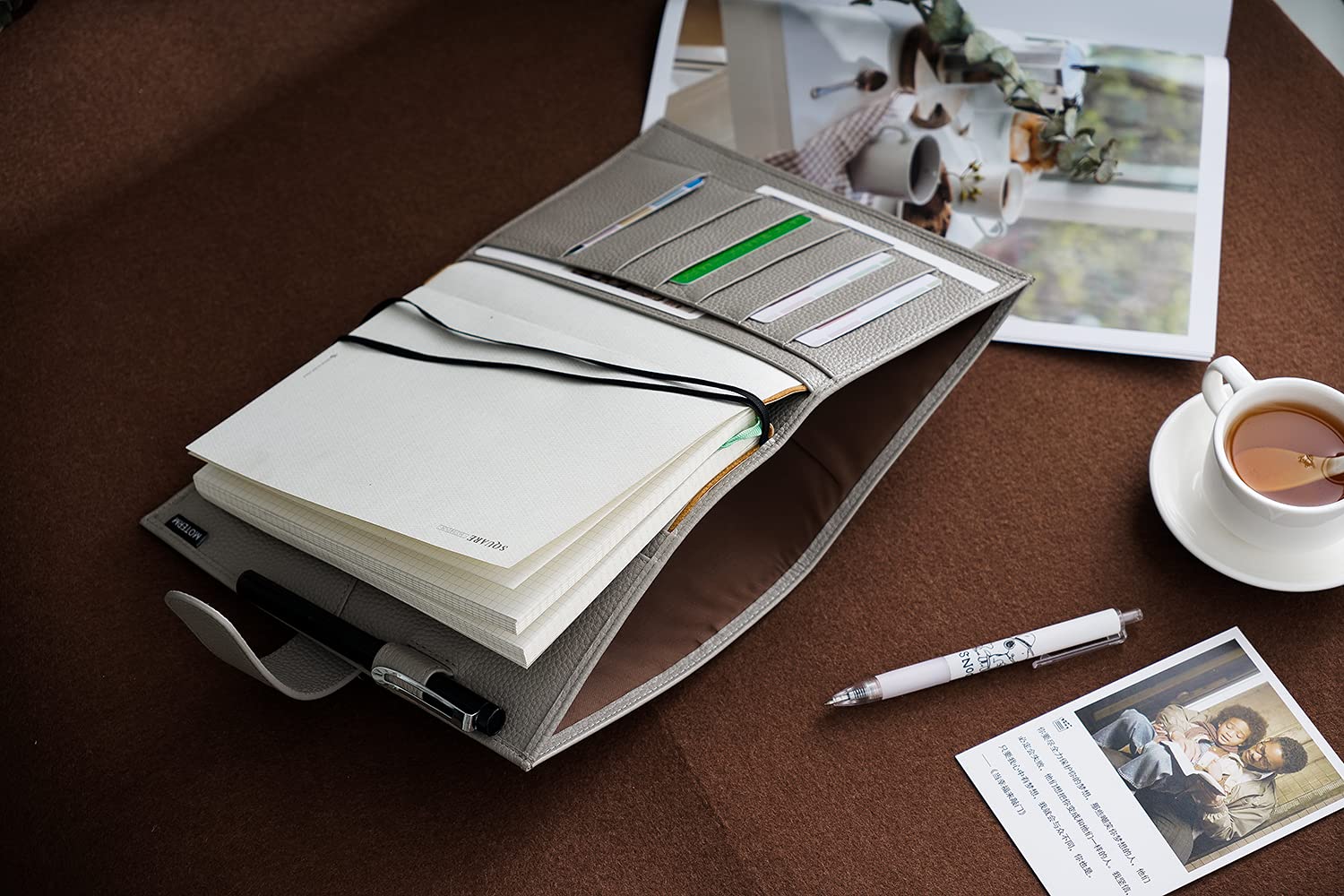 Moterm Leather Cover for A5 Notebook - Fits Hobonichi Cousin, Stalogy and Midori MD Planner, with Pen Loop, Card Slots and Back Pocket (Pebble Grey) - Image 4