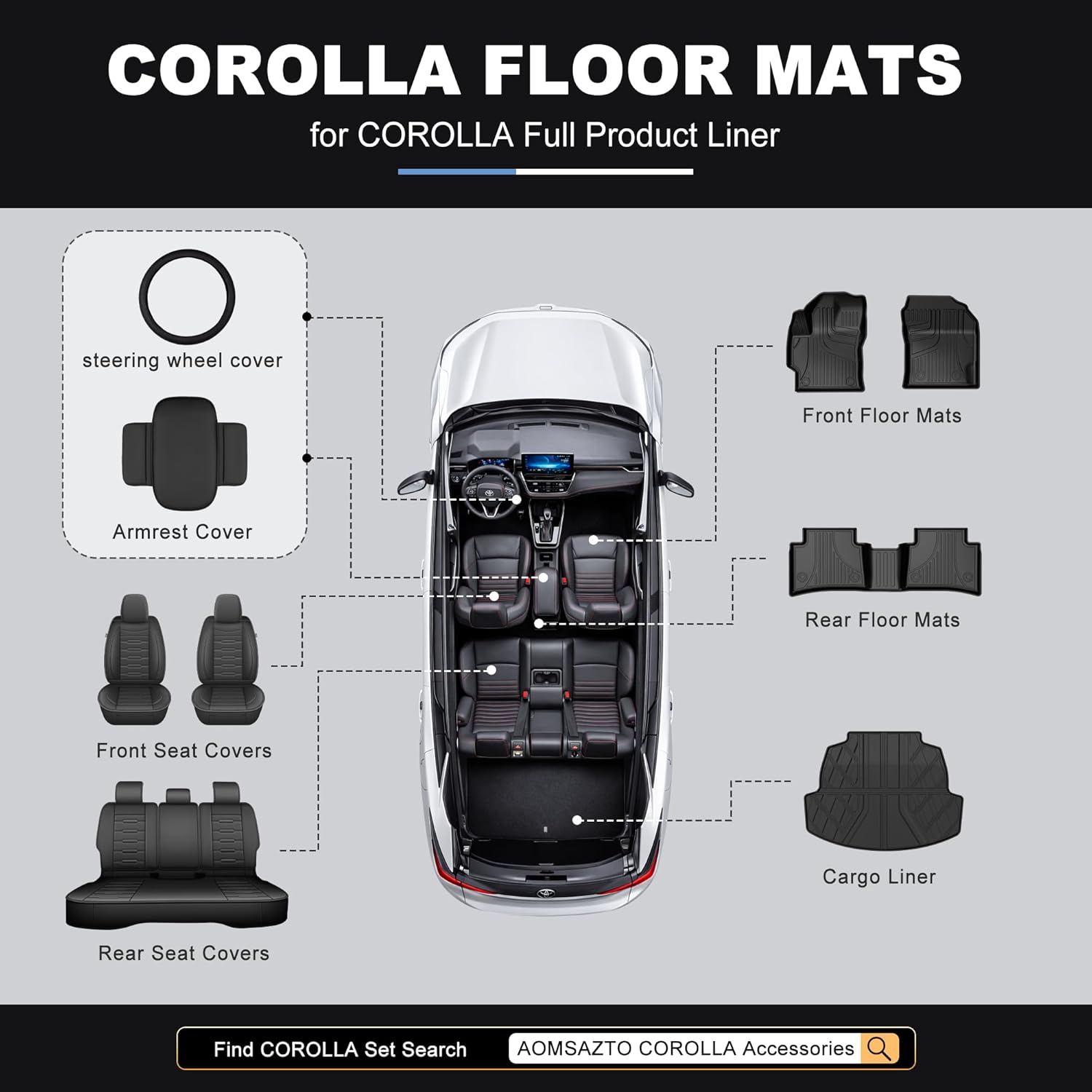 AOMSAZTO Car Seat Covers Full Set Custom Fit for Toyota Corolla 2020 2021 2022 2023 2024 2025 2026 LE/SE/XSE/L/FX/XLE Faux Leather Seat Covers with Interior Accessories (Black)