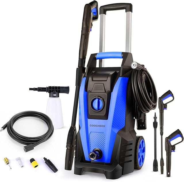 COOCHEER Electric Pressure Washer, Jet Washer 2000W 169Bar 420L/H Power Cleaner With Turbo Nozzle