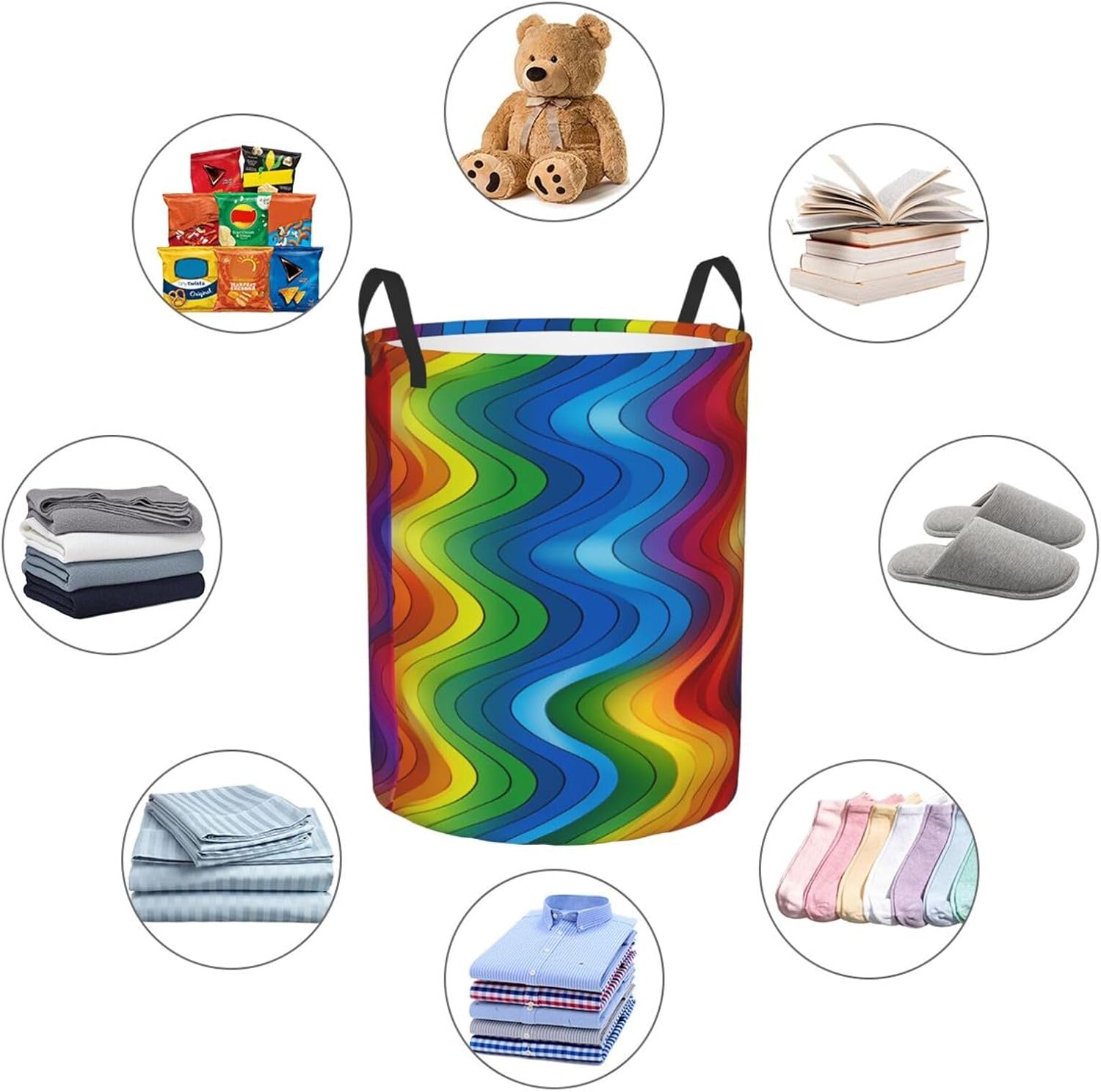 Rainbow Laundry Basket With Handles, Foldable Laundry Hamper Oxford Cloth Dirty Clothes Basket Waterproof Clothes Toys Storage Bin Organizer for Bedroom Bathroom Dorm